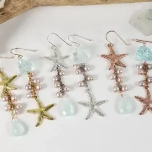 Starfish, pink pearl, sea green glass asymmetrical earrings