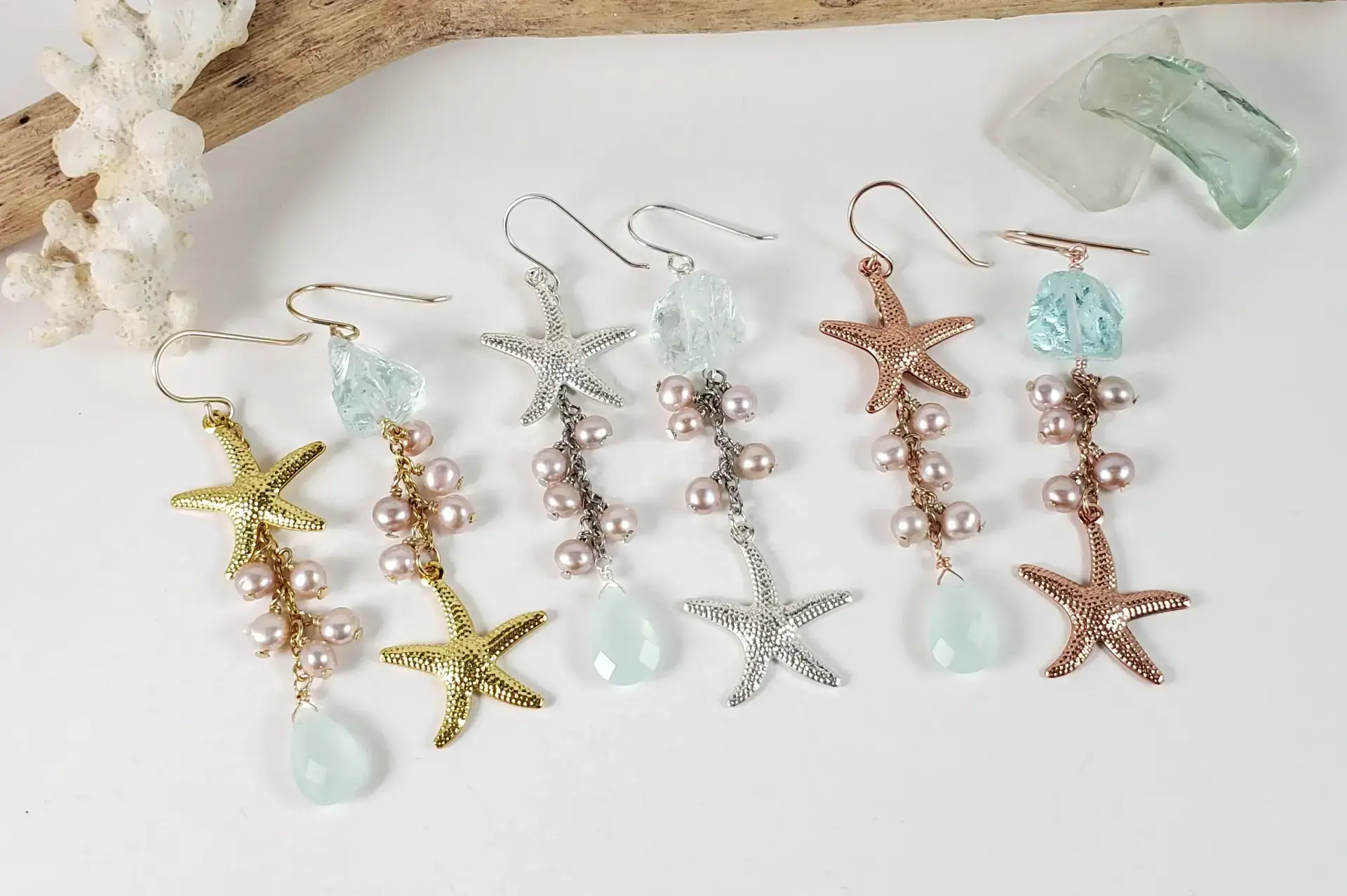 Starfish, pink pearl, sea green glass asymmetrical earrings