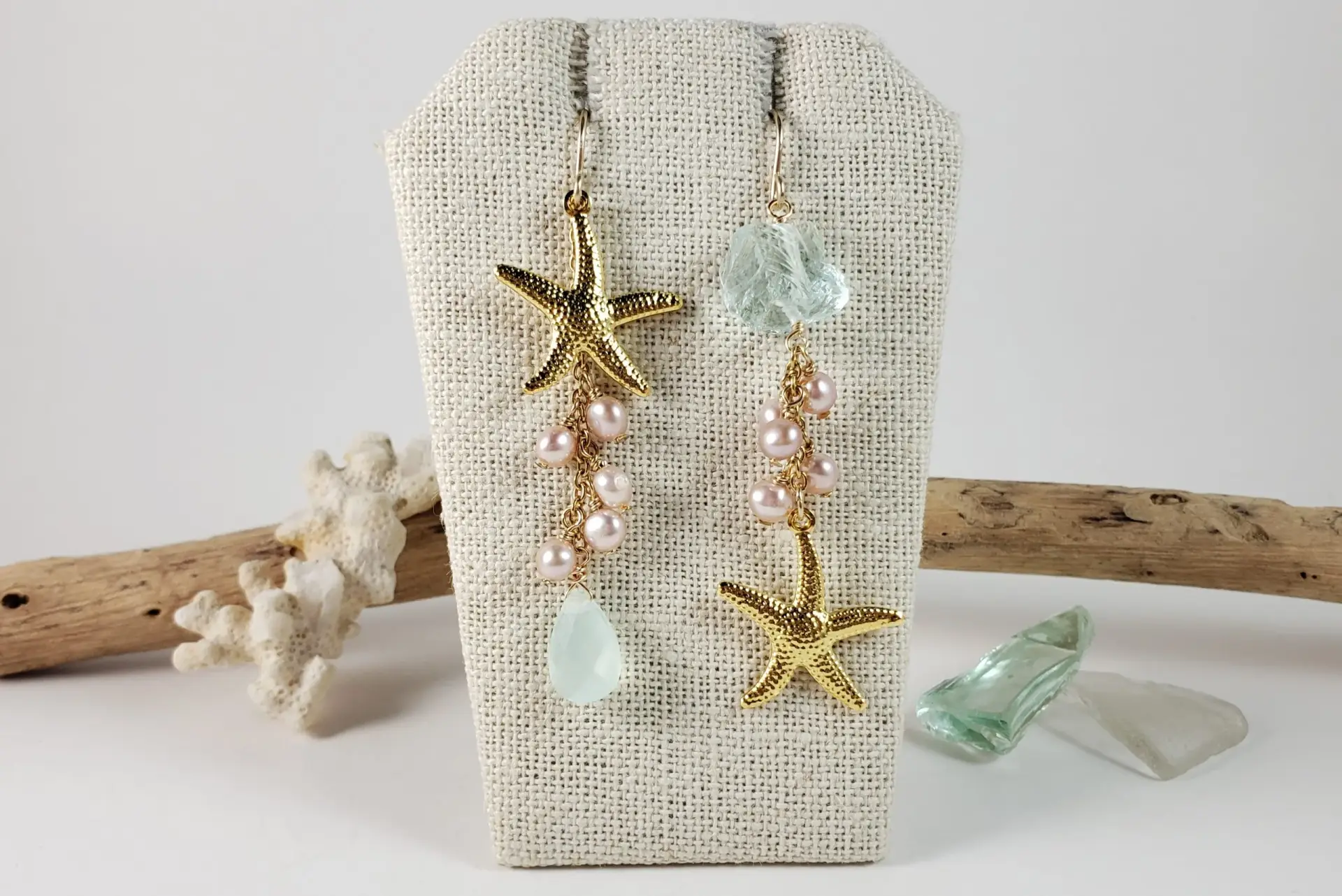 Starfish, pink pearl, sea green glass asymmetrical earrings - Image 7
