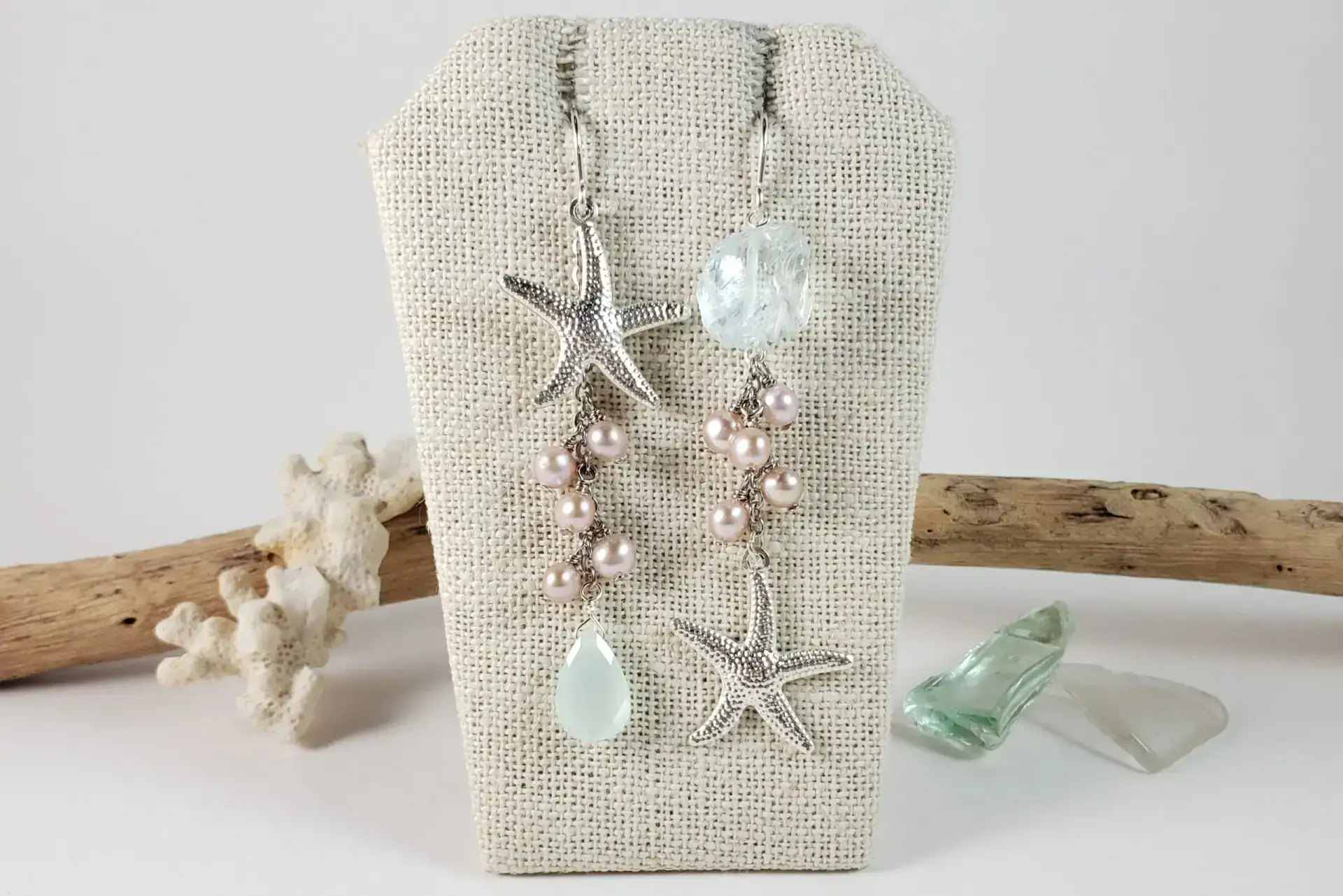 Starfish, pink pearl, sea green glass asymmetrical earrings - Image 6