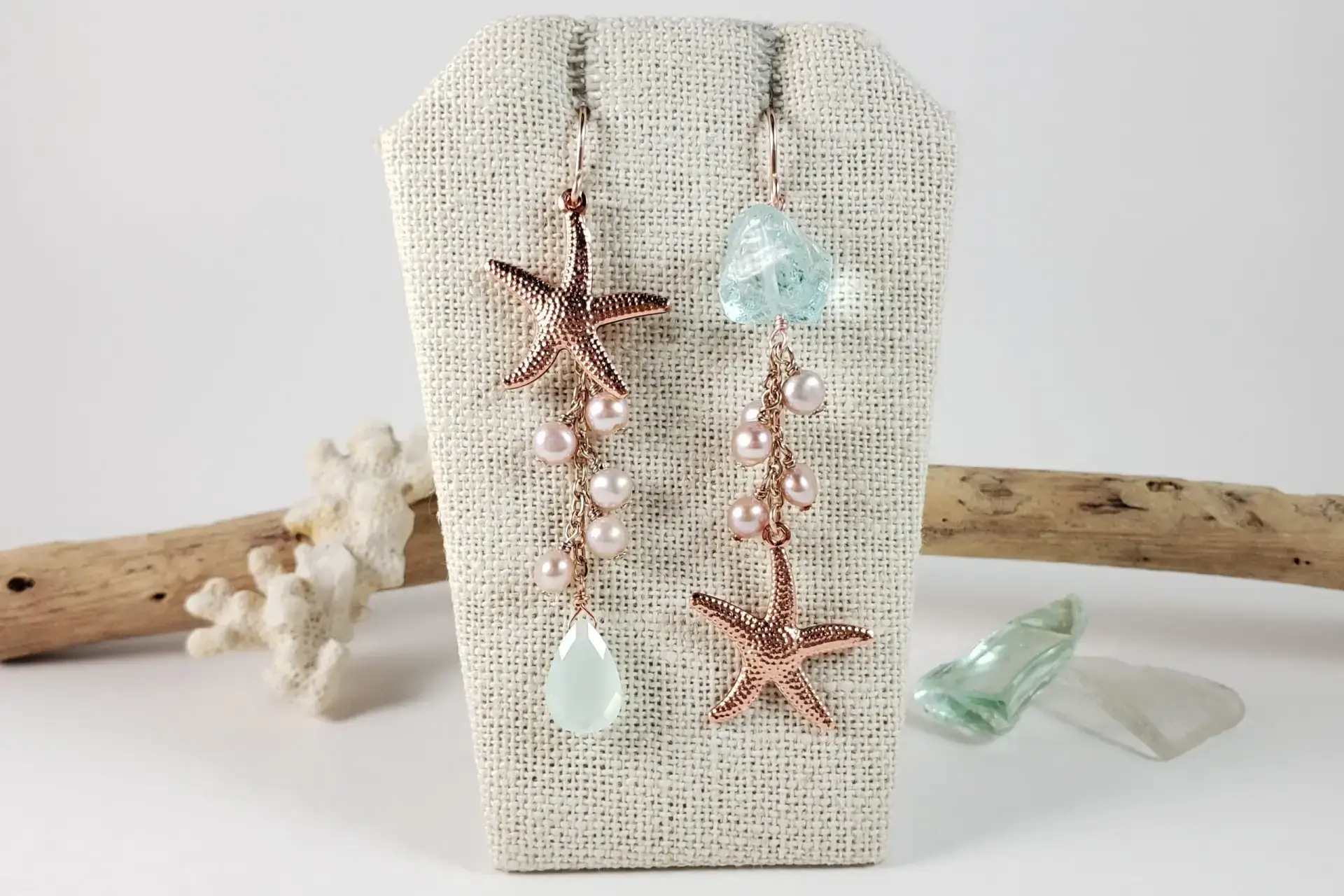 Starfish, pink pearl, sea green glass asymmetrical earrings - Image 5