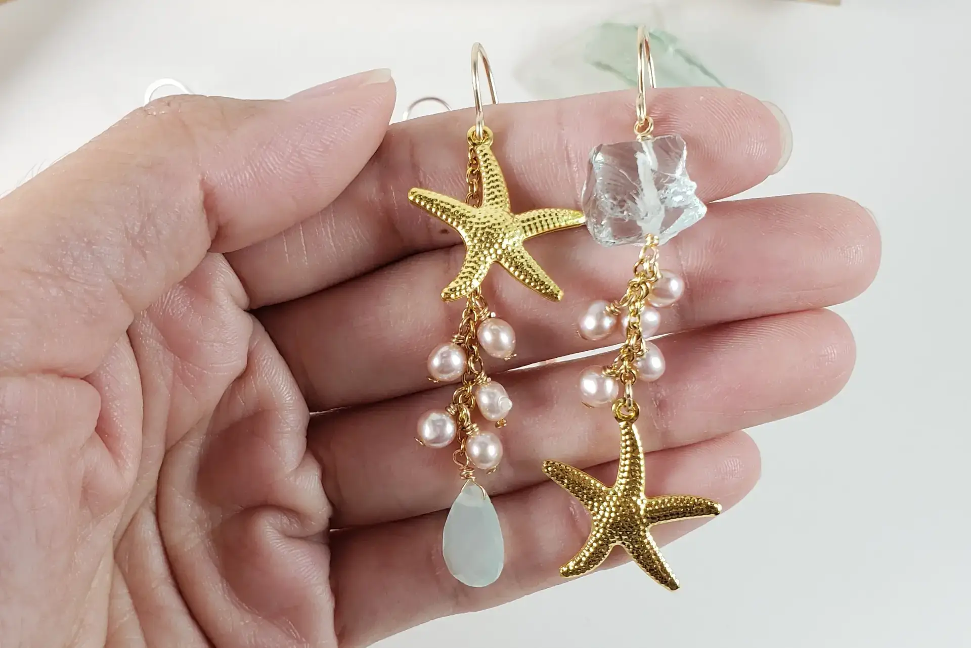 Starfish, pink pearl, sea green glass asymmetrical earrings - Image 4