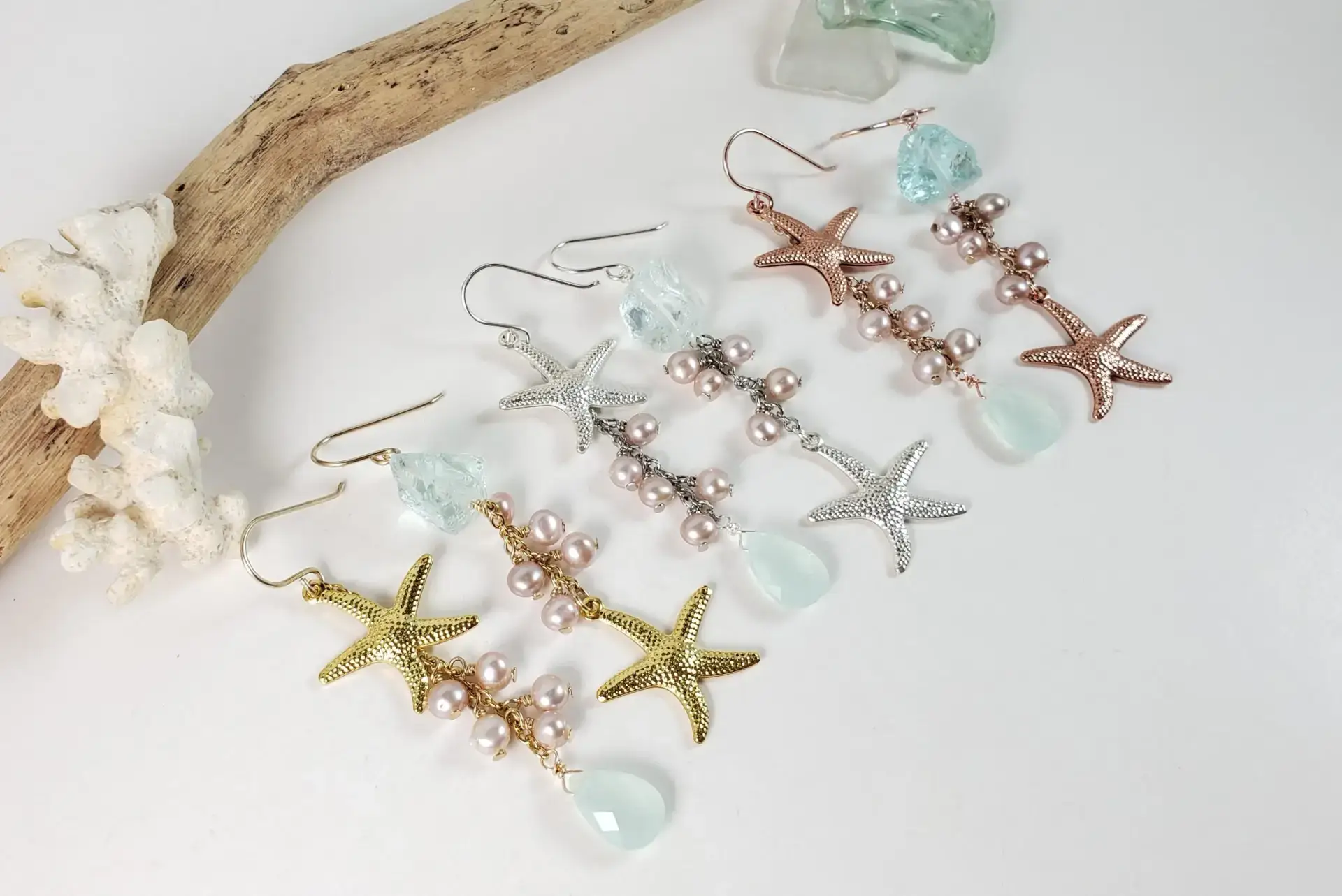 Starfish, pink pearl, sea green glass asymmetrical earrings - Image 2