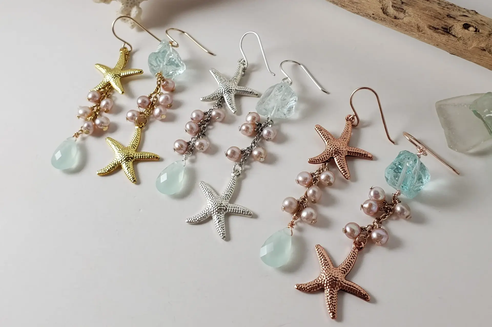 Starfish, pink pearl, sea green glass asymmetrical earrings - Image 3