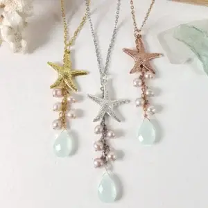 Starfish, pink freshwater pearl, sea green glass necklace
