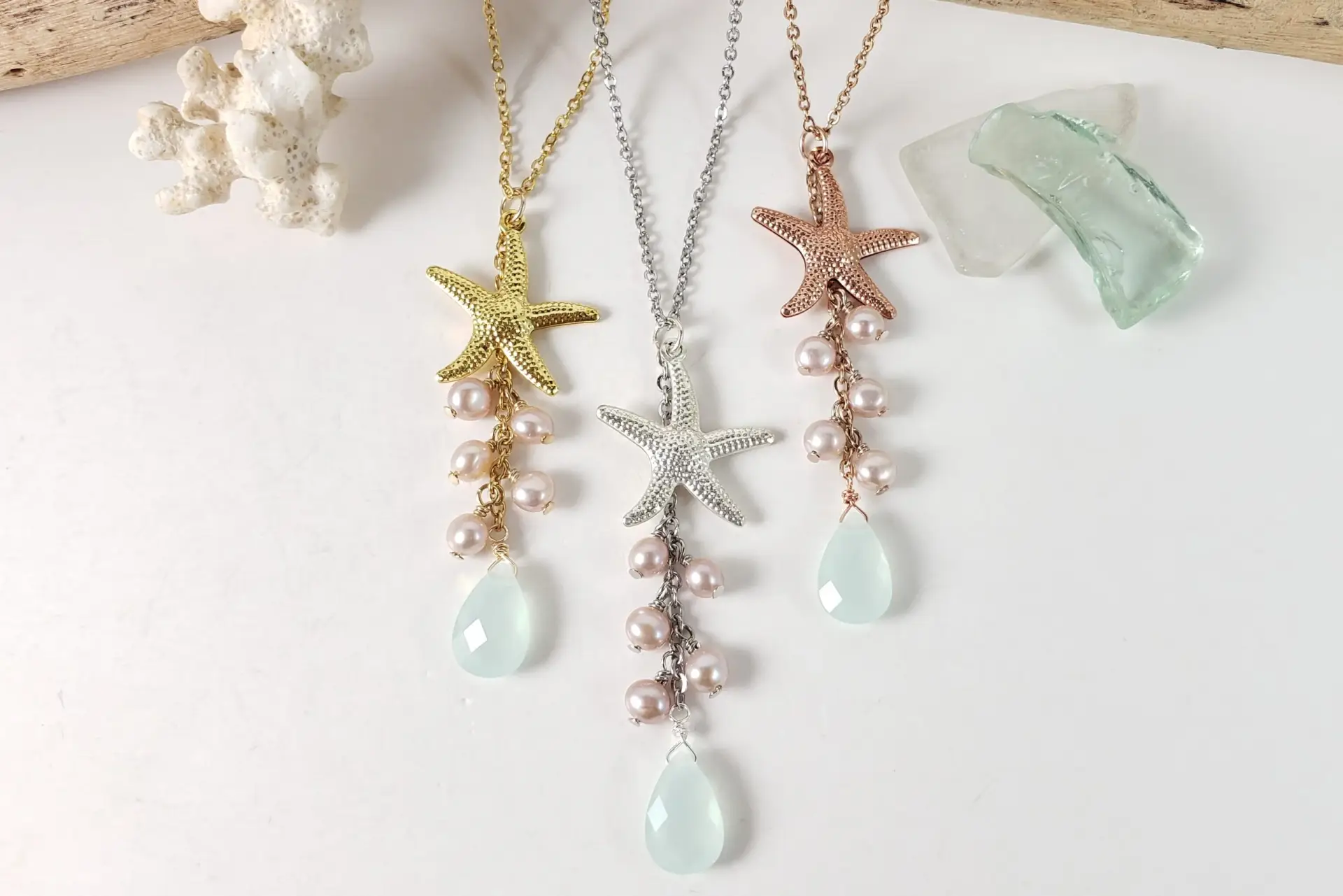 Starfish, pink freshwater pearl, sea green glass necklace