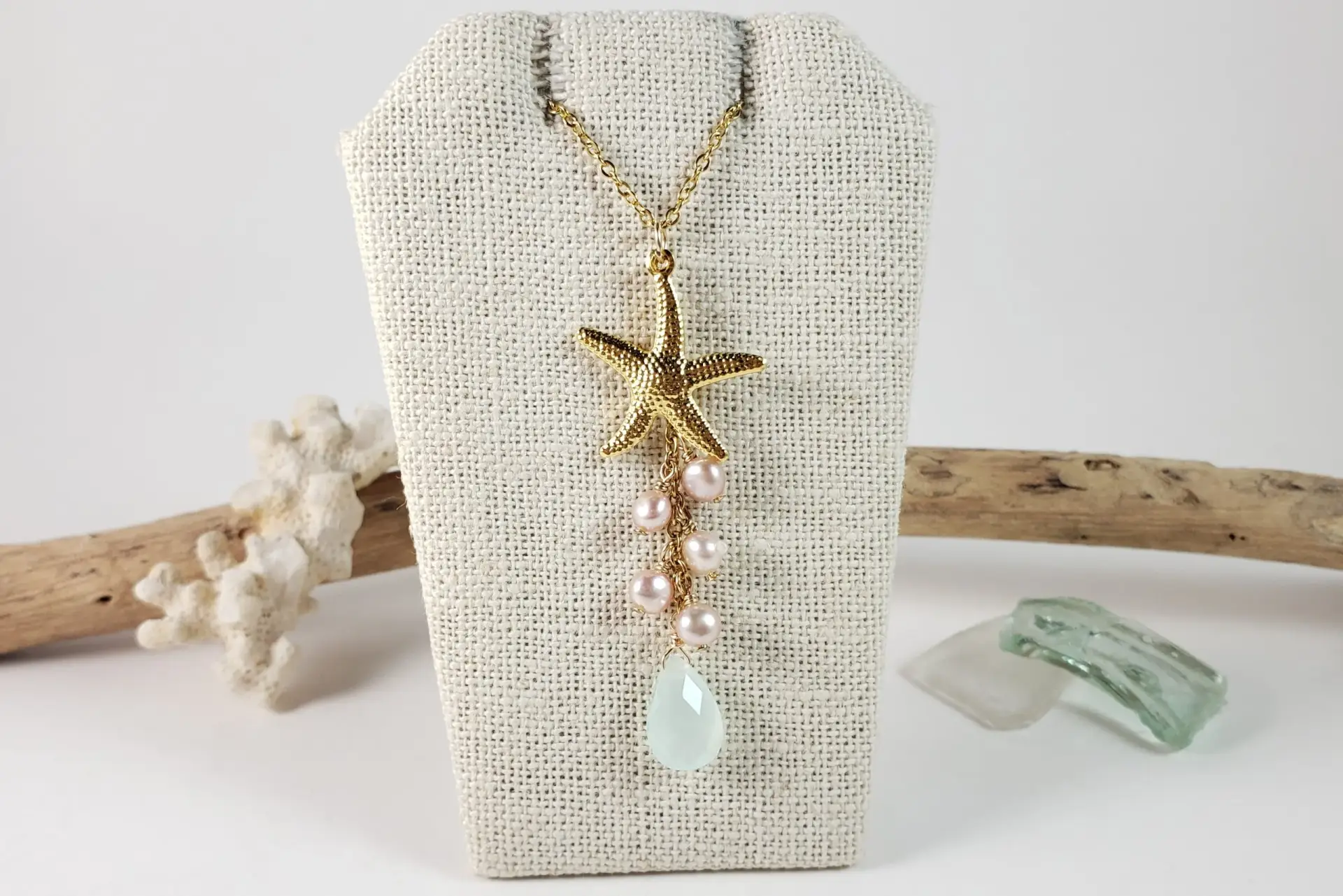Starfish, pink freshwater pearl, sea green glass necklace - Image 3