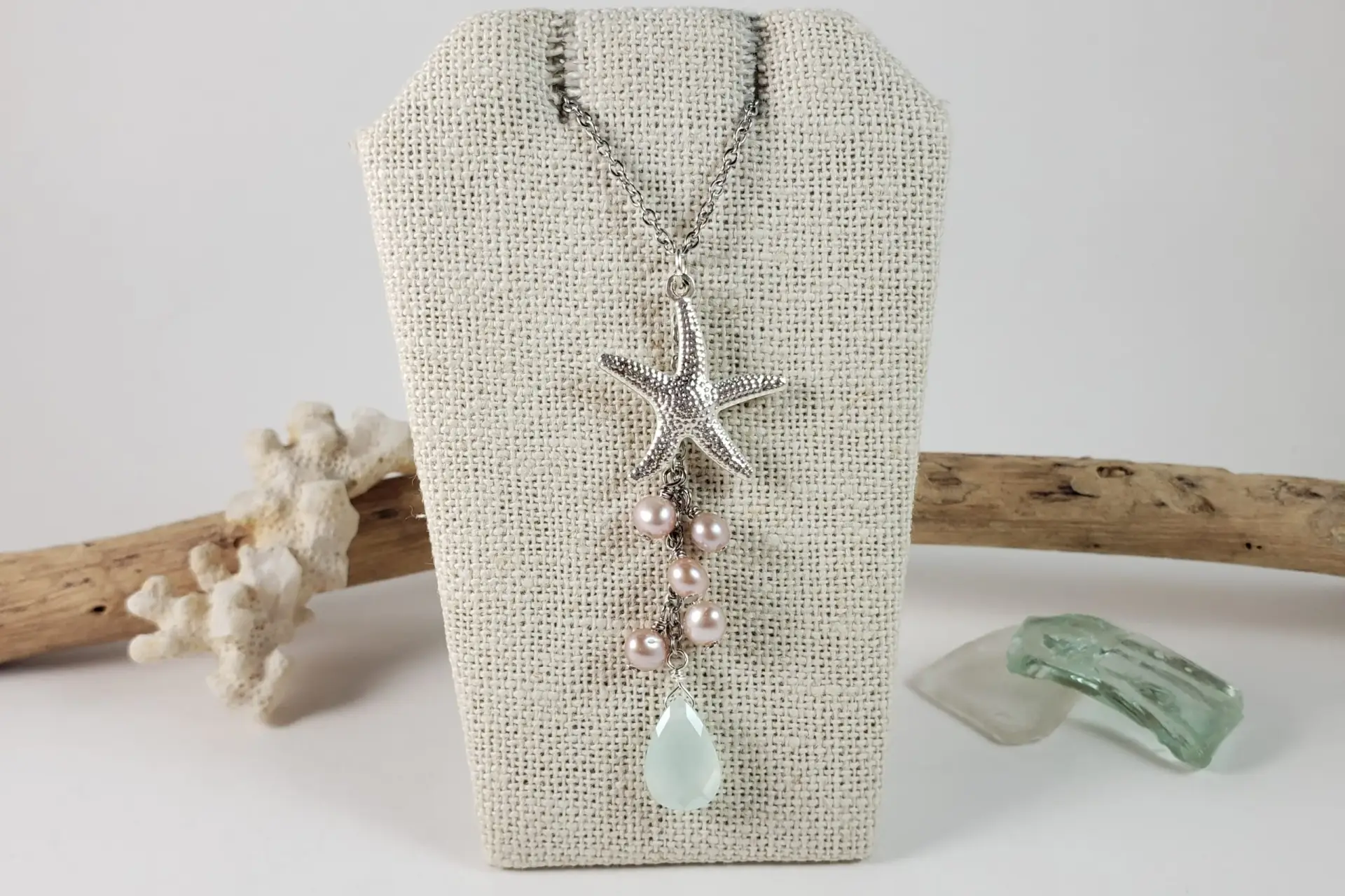 Starfish, pink freshwater pearl, sea green glass necklace - Image 4