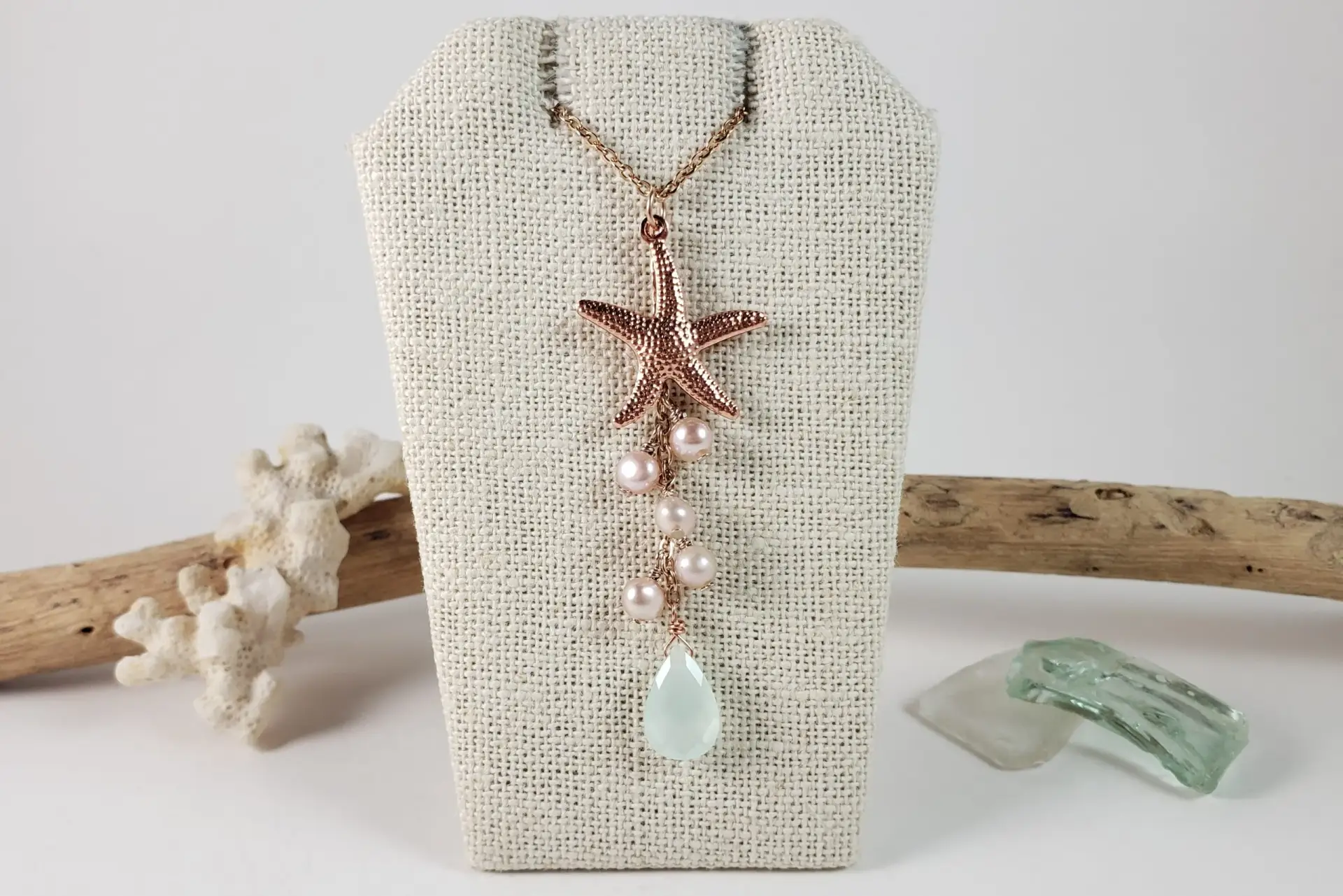 Starfish, pink freshwater pearl, sea green glass necklace - Image 5