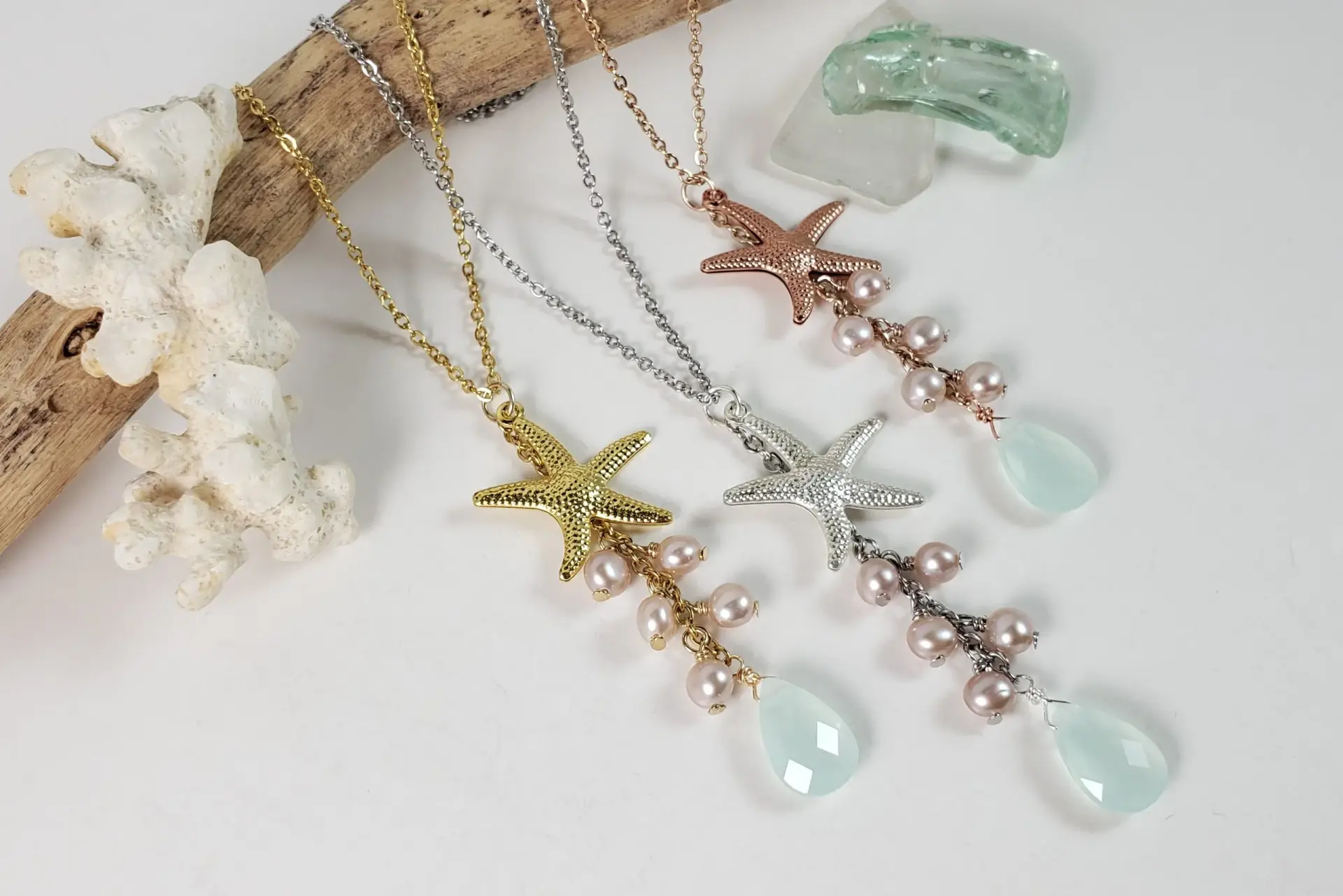 Starfish, pink freshwater pearl, sea green glass necklace - Image 6