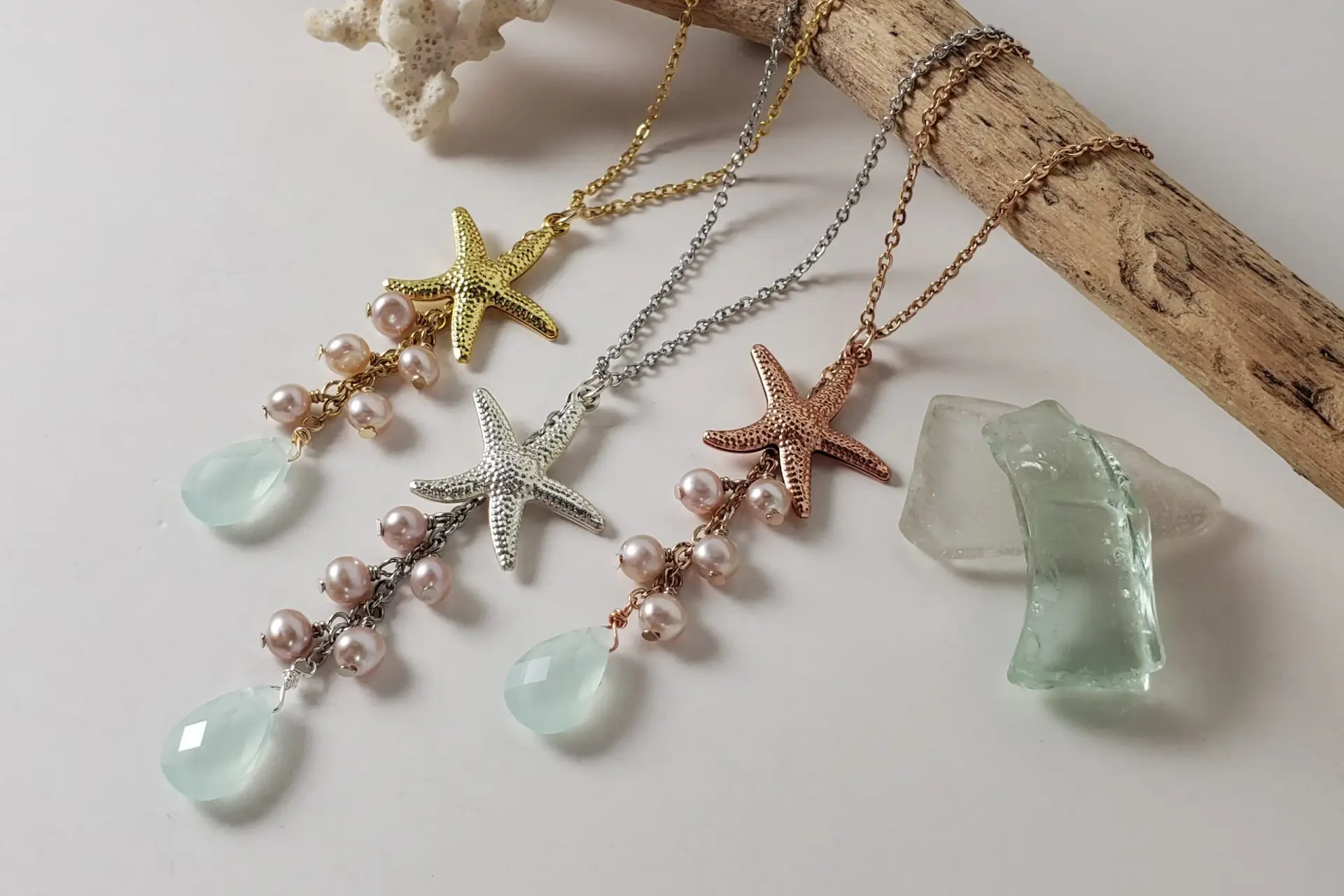 Starfish, pink freshwater pearl, sea green glass necklace - Image 2