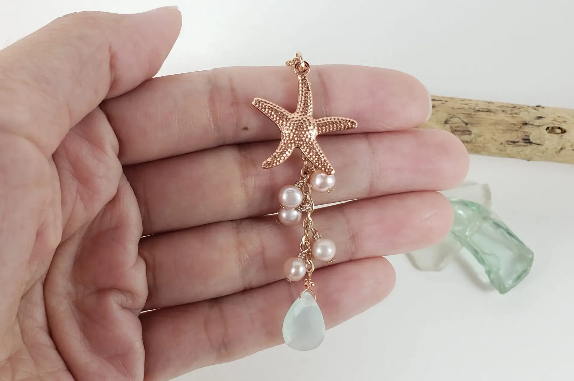 Starfish, pink freshwater pearl, sea green glass necklace - Image 7