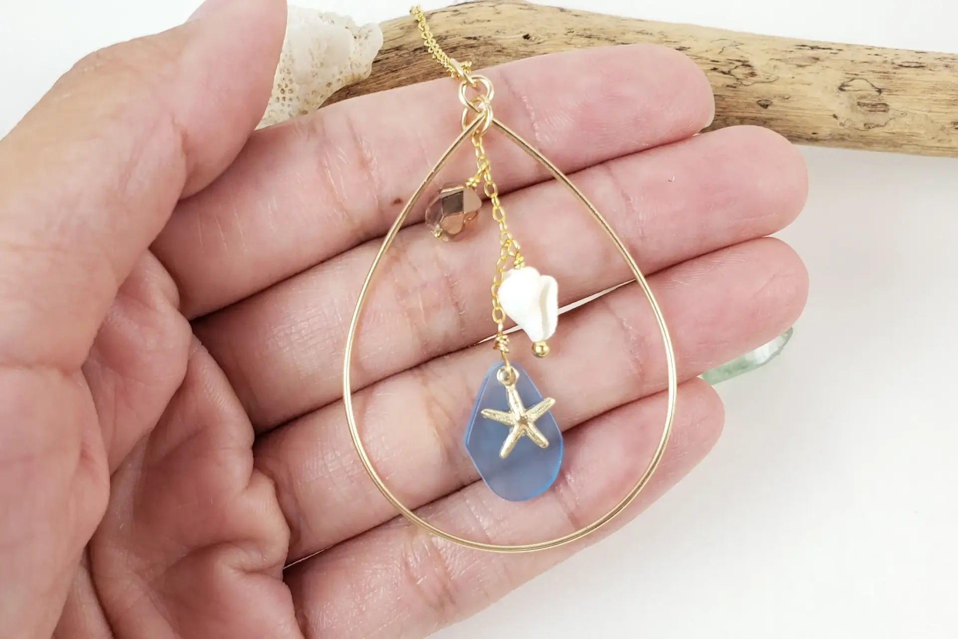 Starfish, sea glass, teardrop earrings and necklace in silver or gold - Image 2