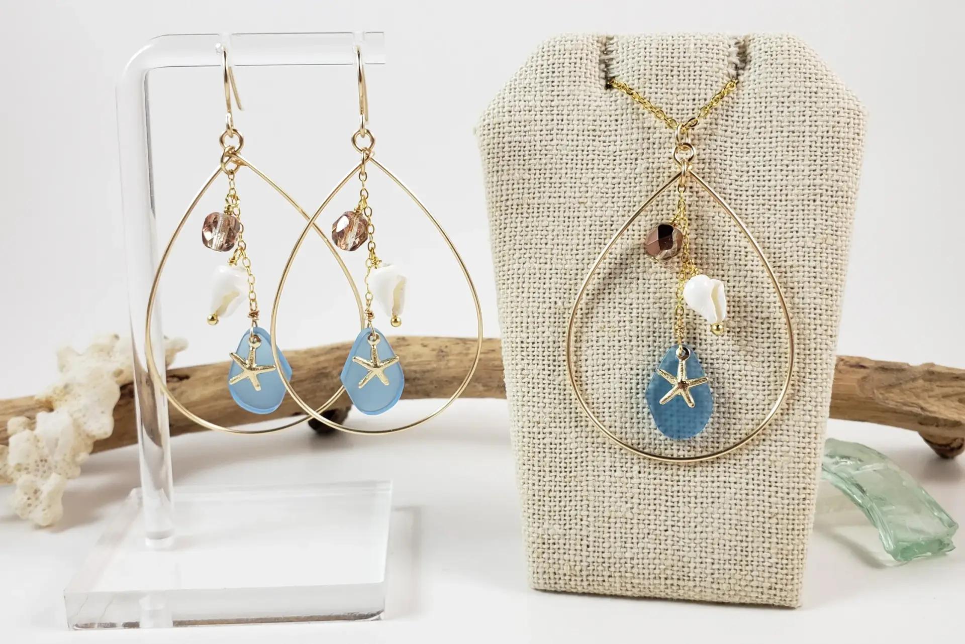 Starfish, sea glass, teardrop earrings and necklace in silver or gold - Image 3