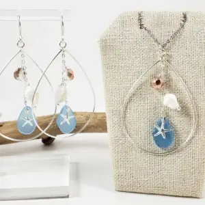Starfish, sea glass, teardrop earrings and necklace in silver or gold