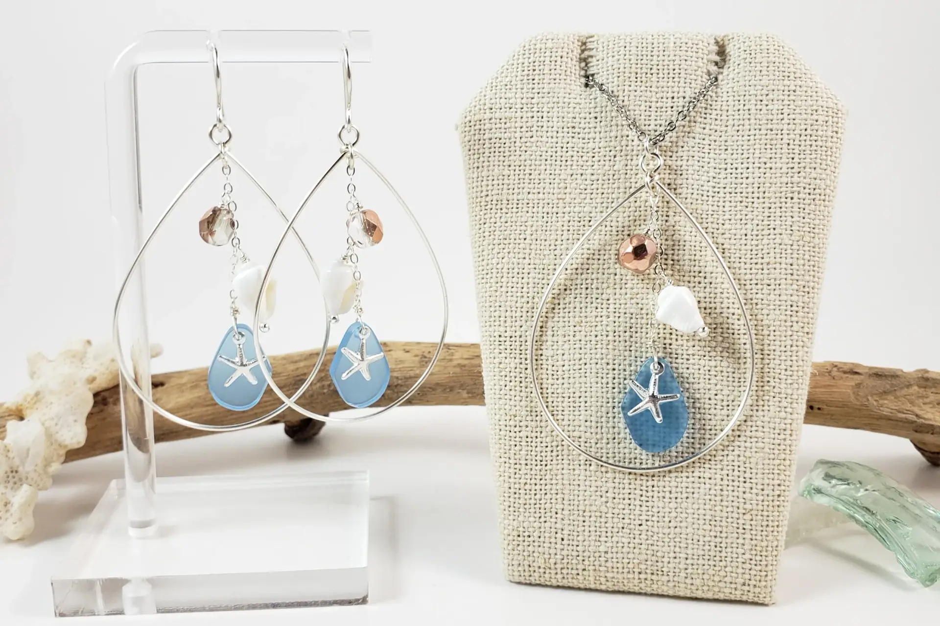 Starfish, sea glass, teardrop earrings and necklace in silver or gold