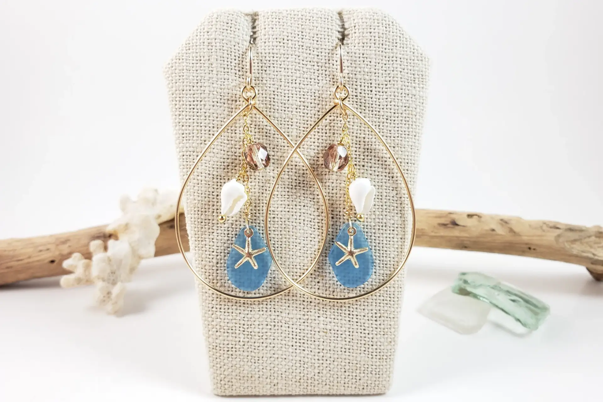 Starfish, sea glass, teardrop earrings and necklace in silver or gold - Image 11