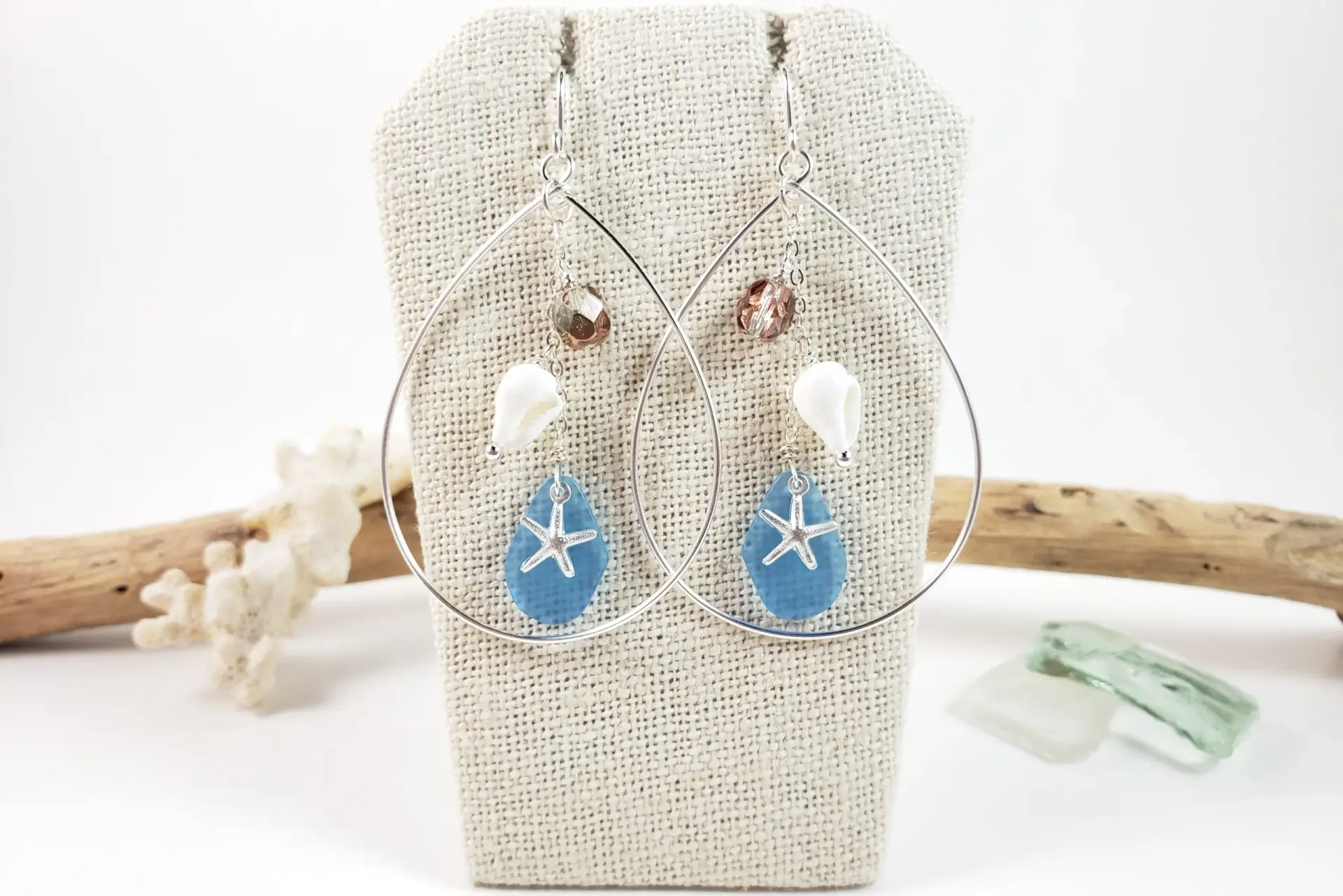 Starfish, sea glass, teardrop earrings and necklace in silver or gold - Image 10