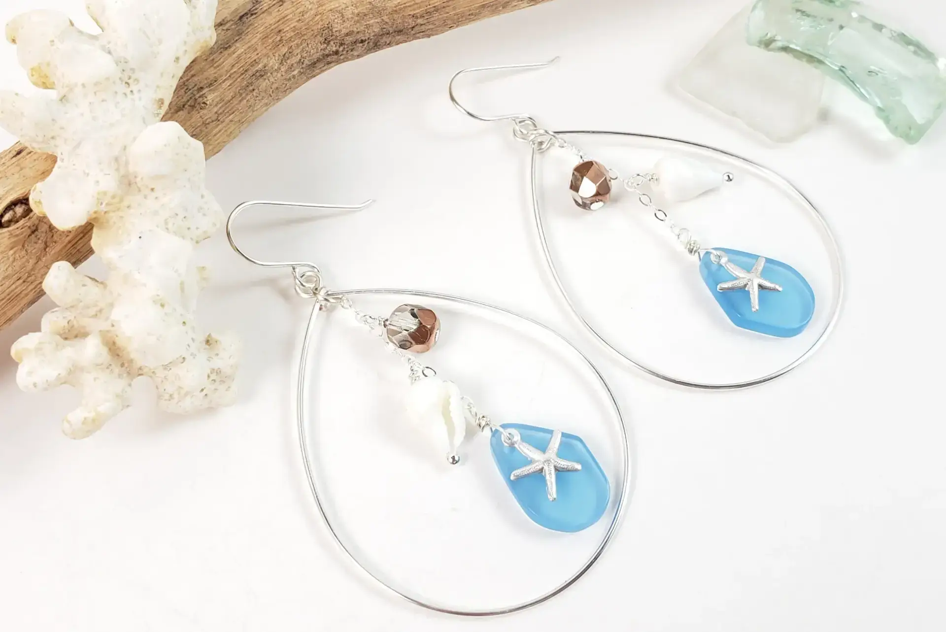 Starfish, sea glass, teardrop earrings and necklace in silver or gold - Image 9