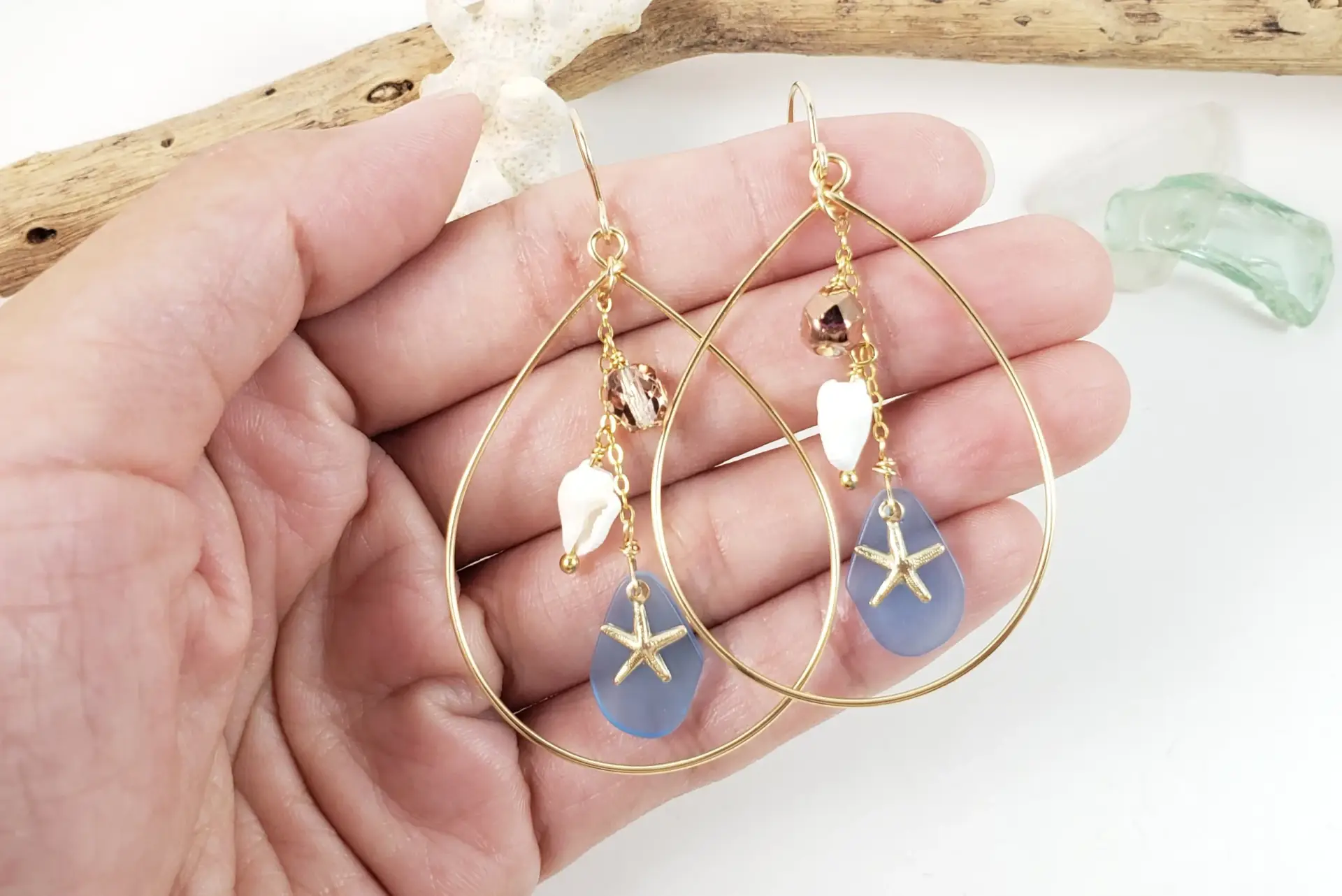Starfish, sea glass, teardrop earrings and necklace in silver or gold - Image 8