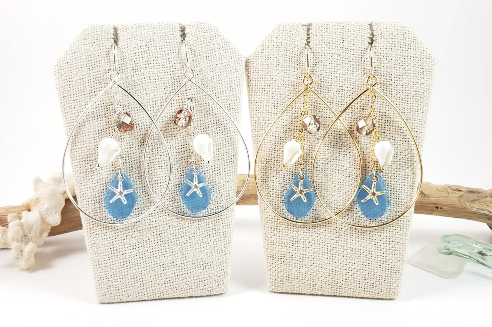 Starfish, sea glass, teardrop earrings and necklace in silver or gold - Image 7