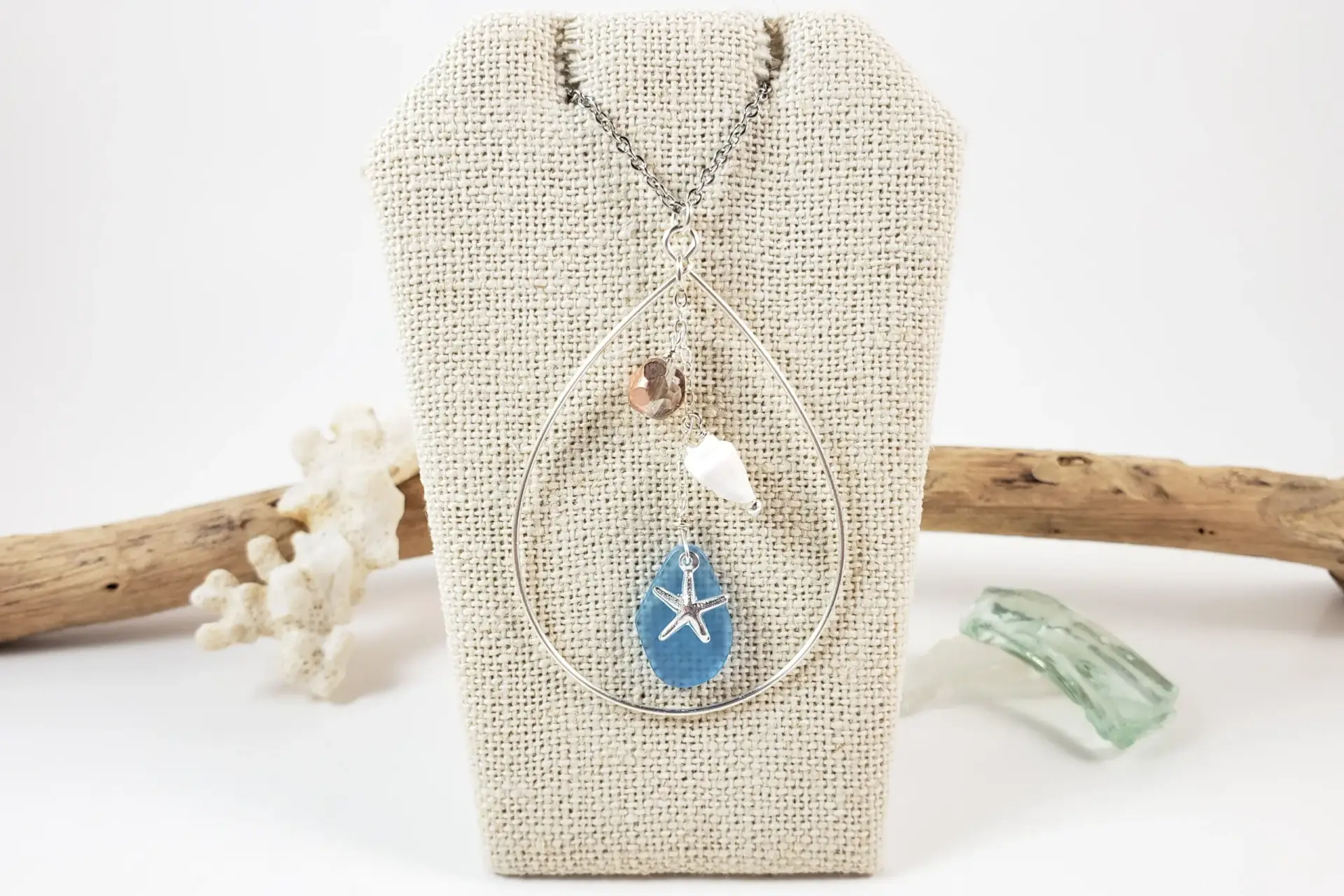 Starfish, sea glass, teardrop earrings and necklace in silver or gold - Image 6