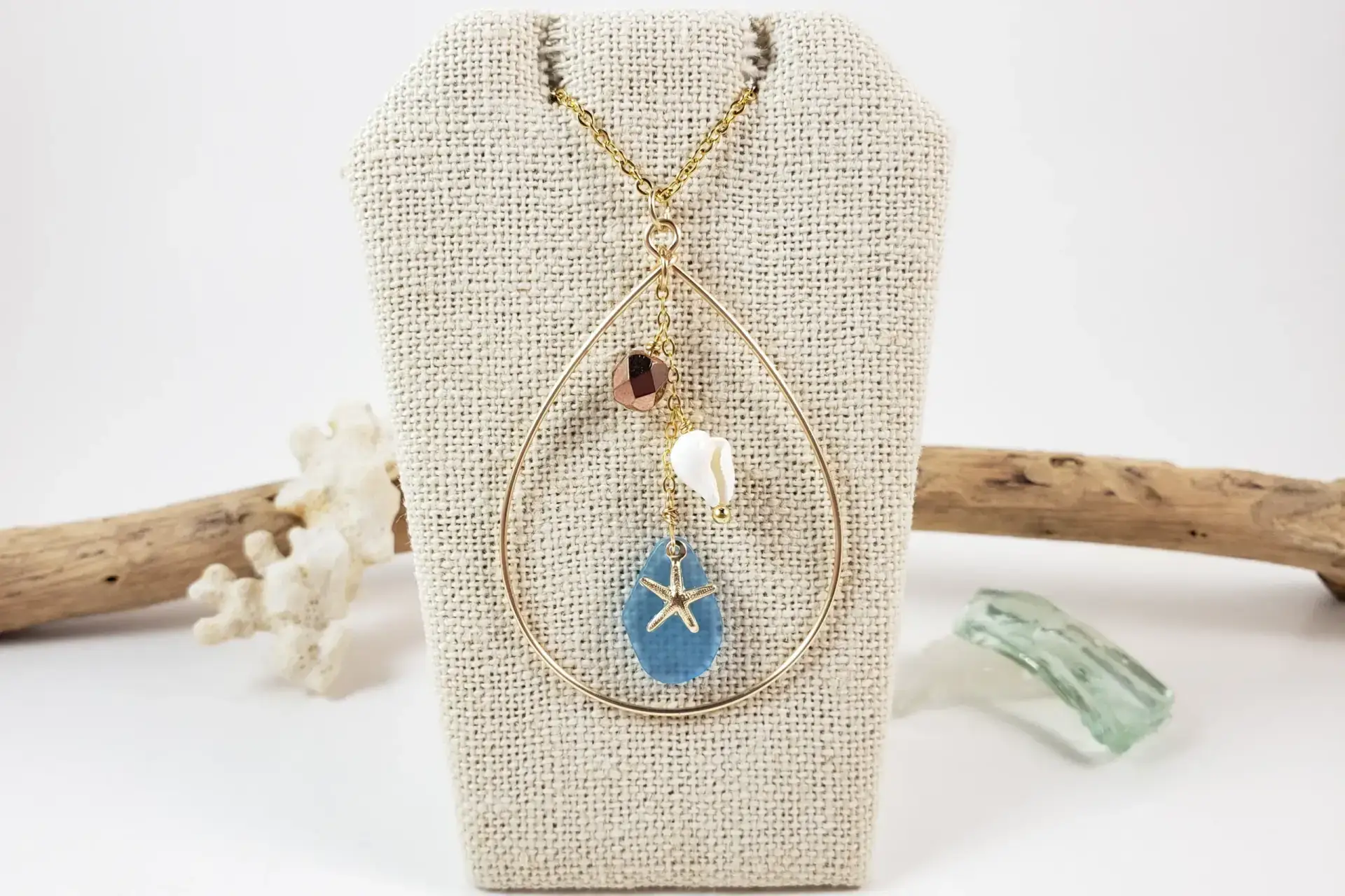 Starfish, sea glass, teardrop earrings and necklace in silver or gold - Image 5