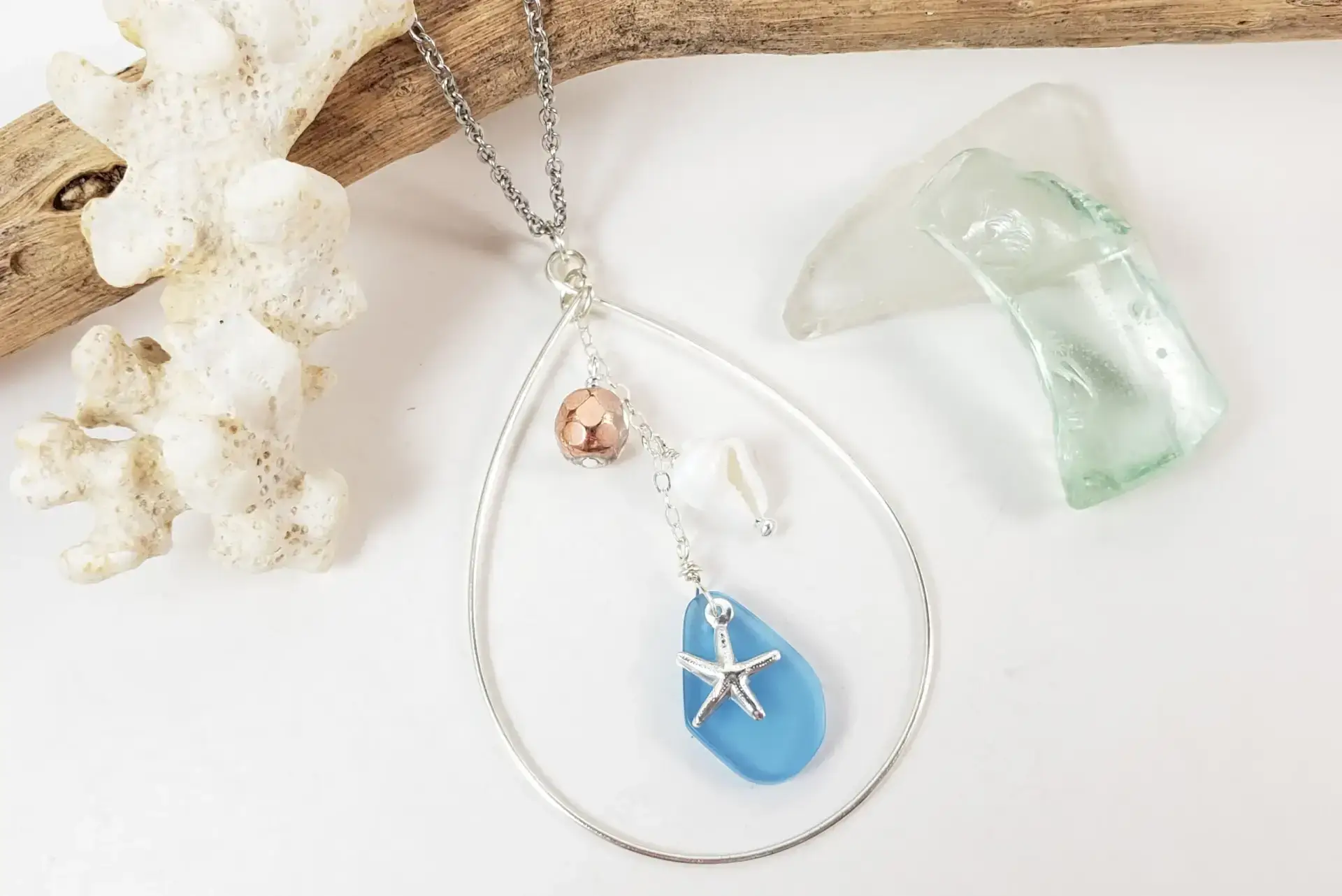 Starfish, sea glass, teardrop earrings and necklace in silver or gold - Image 4