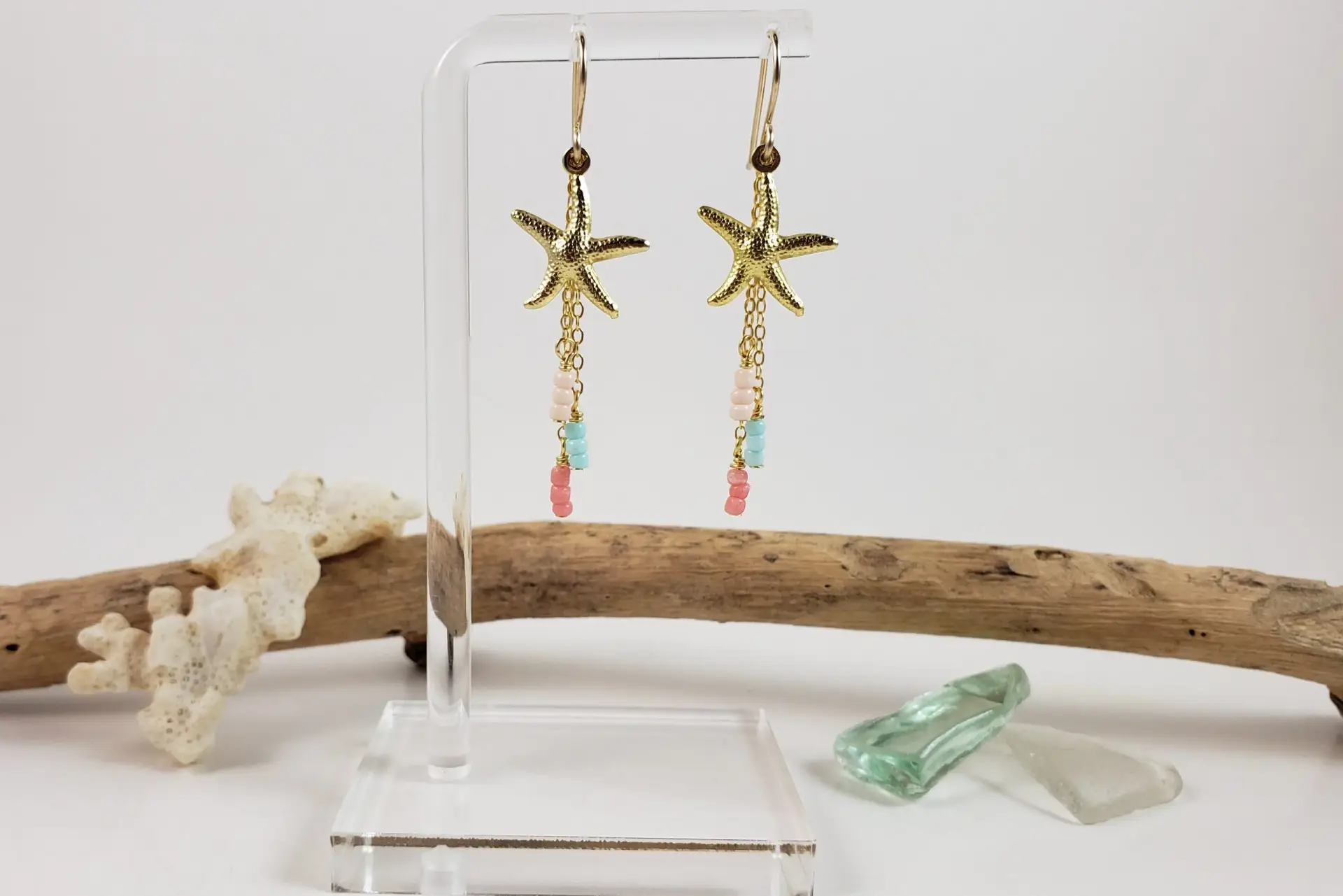 Starfish and beige, light blue, coral glass earrings and necklace - Image 13