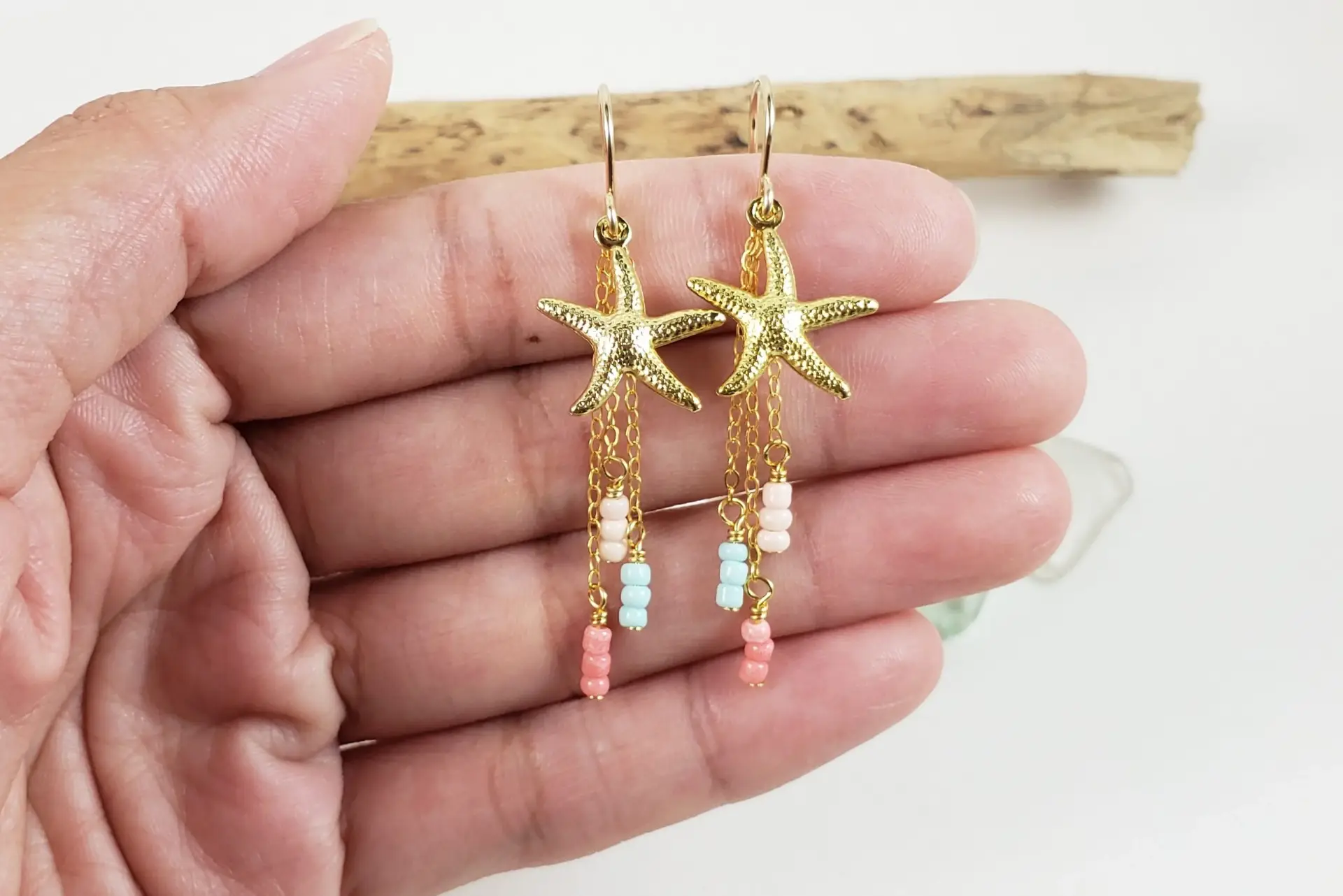 Starfish and beige, light blue, coral glass earrings and necklace - Image 5
