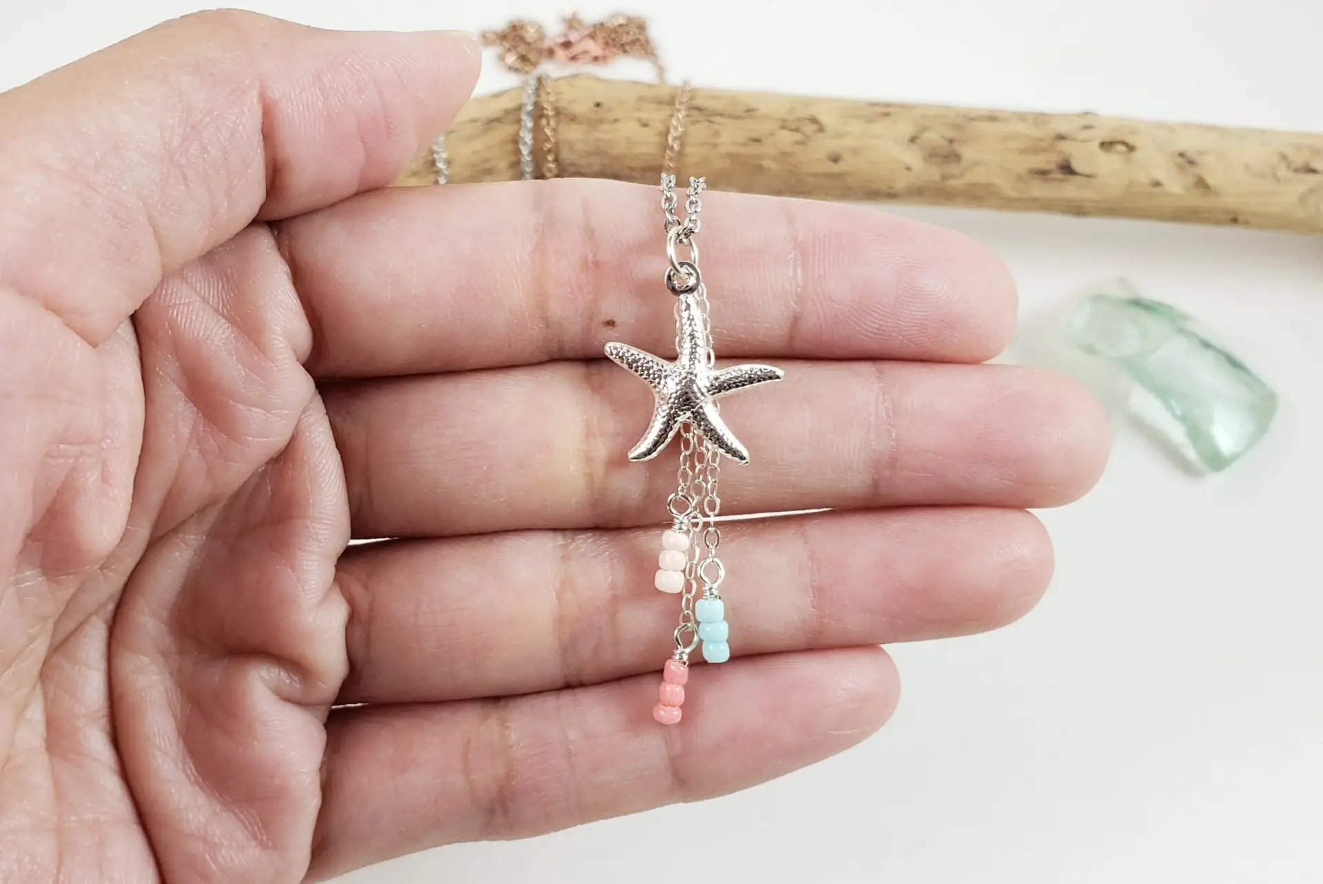 Starfish and beige, light blue, coral glass earrings and necklace - Image 4