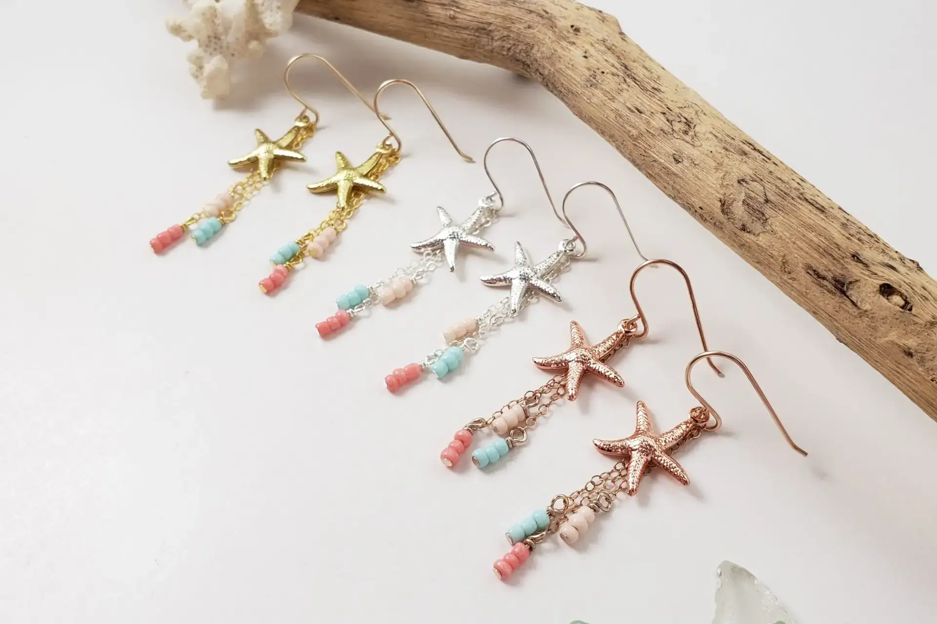 Starfish and beige, light blue, coral glass earrings and necklace - Image 2