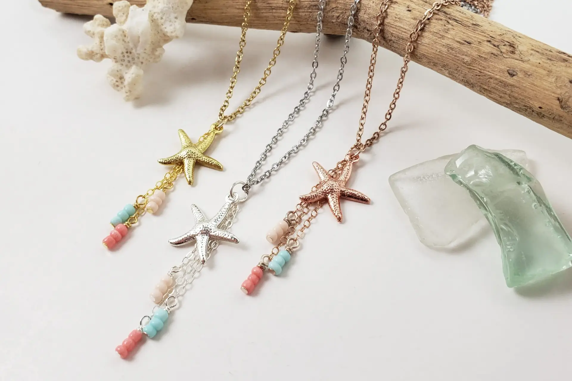 Starfish and beige, light blue, coral glass earrings and necklace - Image 3