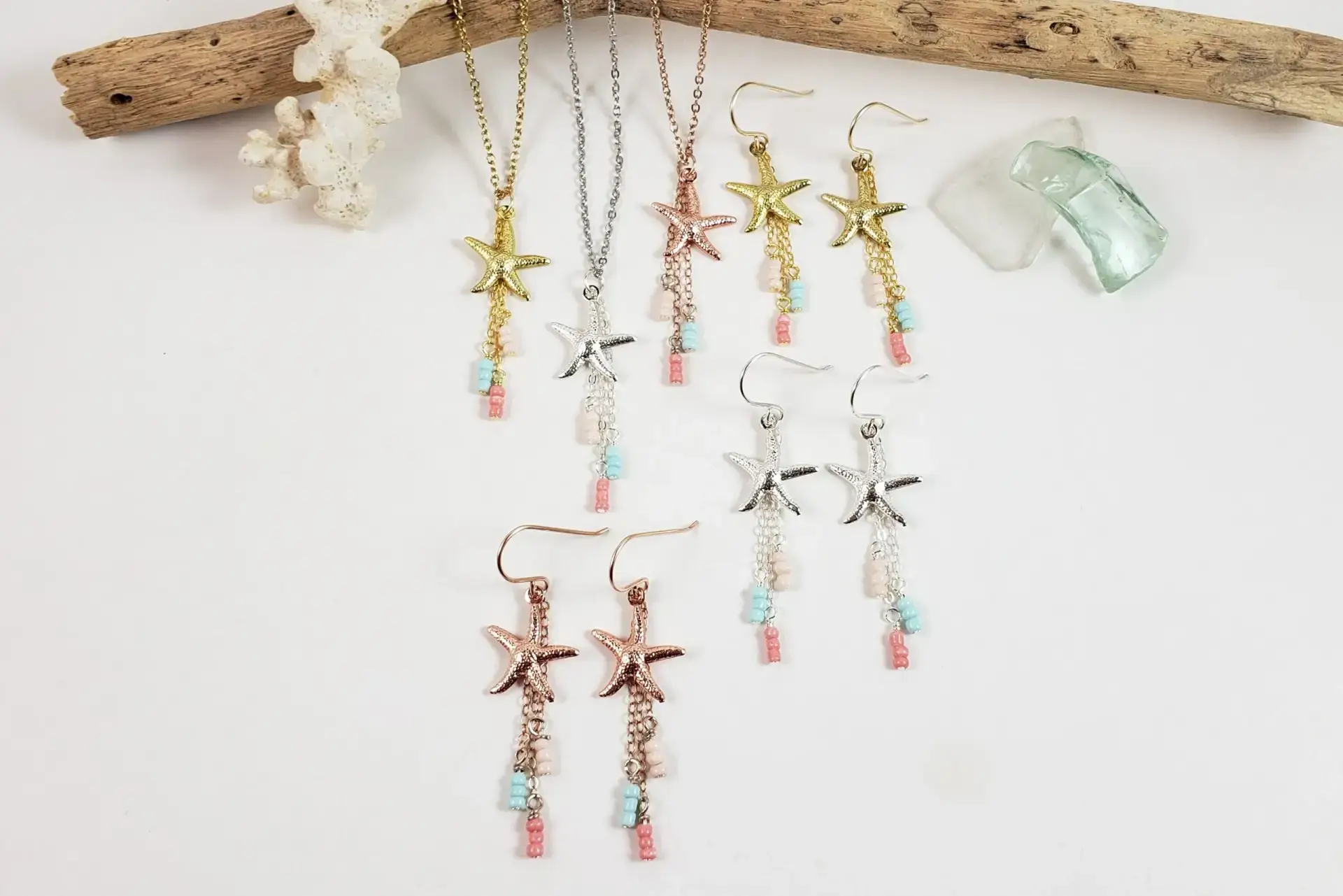 Starfish and beige, light blue, coral glass earrings and necklace - Image 14