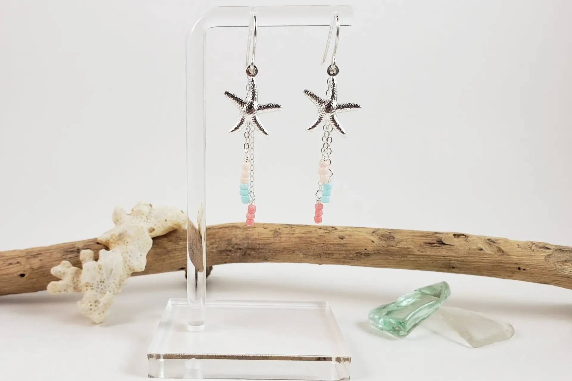 Starfish and beige, light blue, coral glass earrings and necklace - Image 12