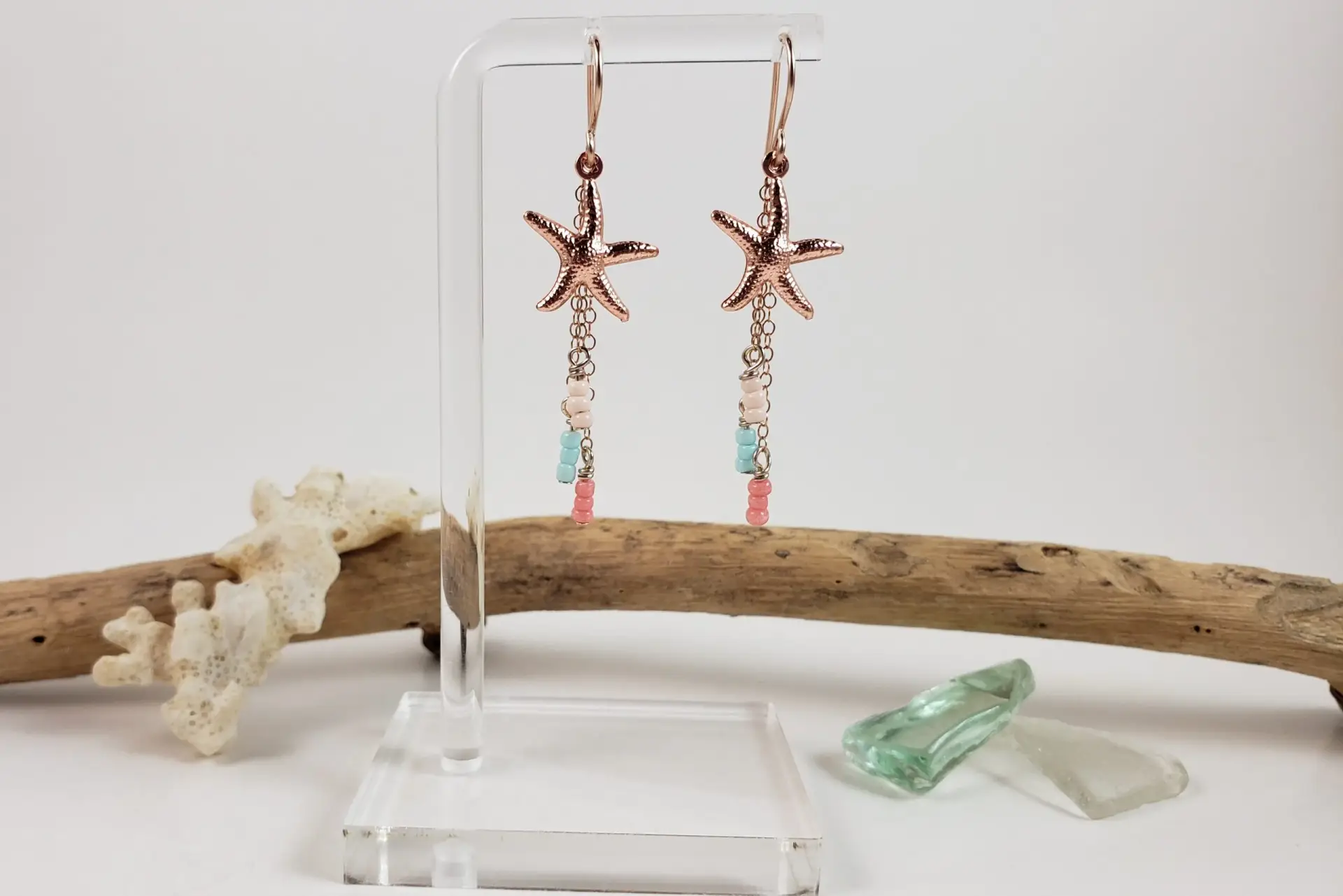 Starfish and beige, light blue, coral glass earrings and necklace - Image 11