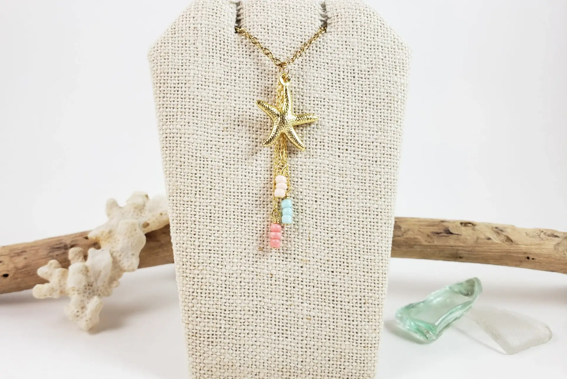 Starfish and beige, light blue, coral glass earrings and necklace - Image 9