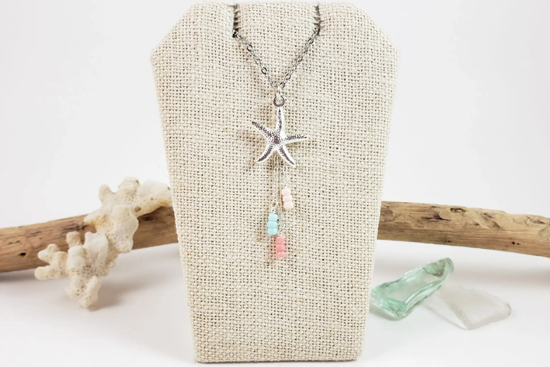 Starfish and beige, light blue, coral glass earrings and necklace - Image 10