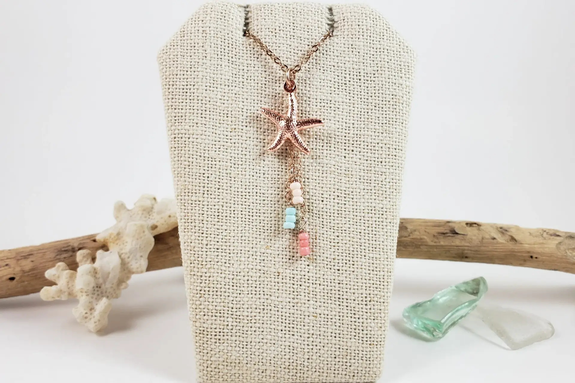 Starfish and beige, light blue, coral glass earrings and necklace - Image 8