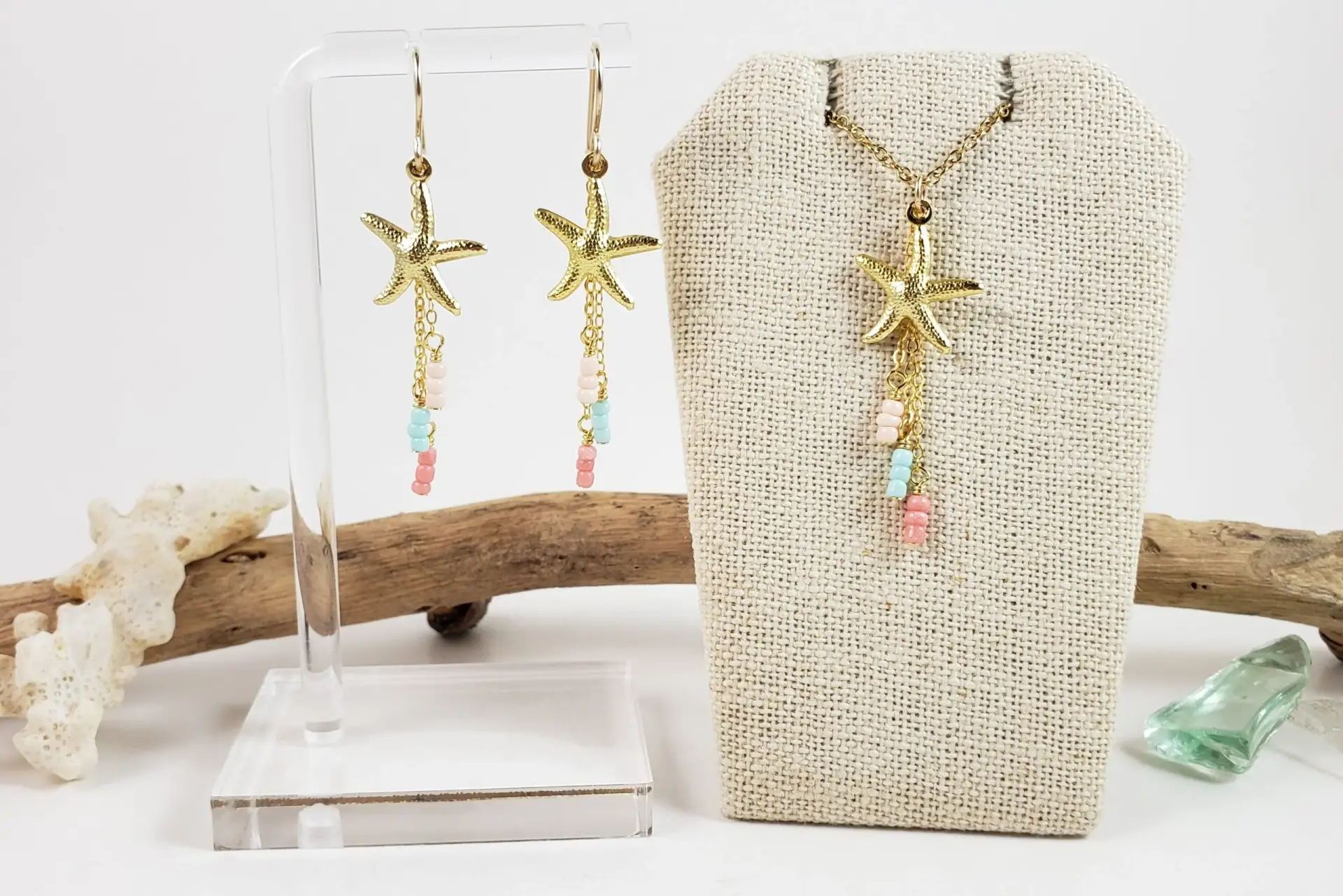 Starfish and beige, light blue, coral glass earrings and necklace - Image 7