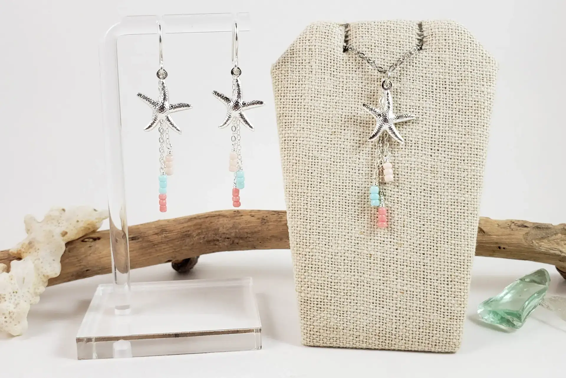 Starfish and beige, light blue, coral glass earrings and necklace - Image 6