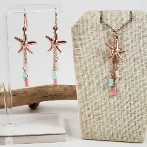 Starfish and beige, light blue, coral glass earrings and necklace