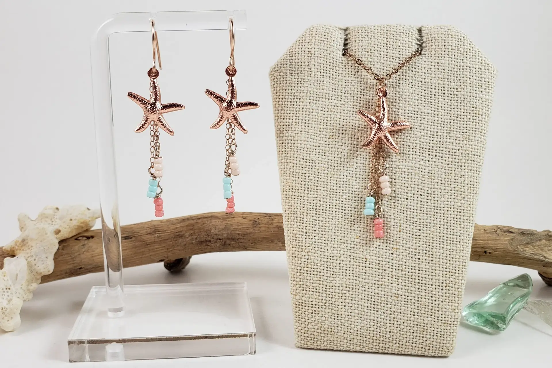 Starfish and beige, light blue, coral glass earrings and necklace