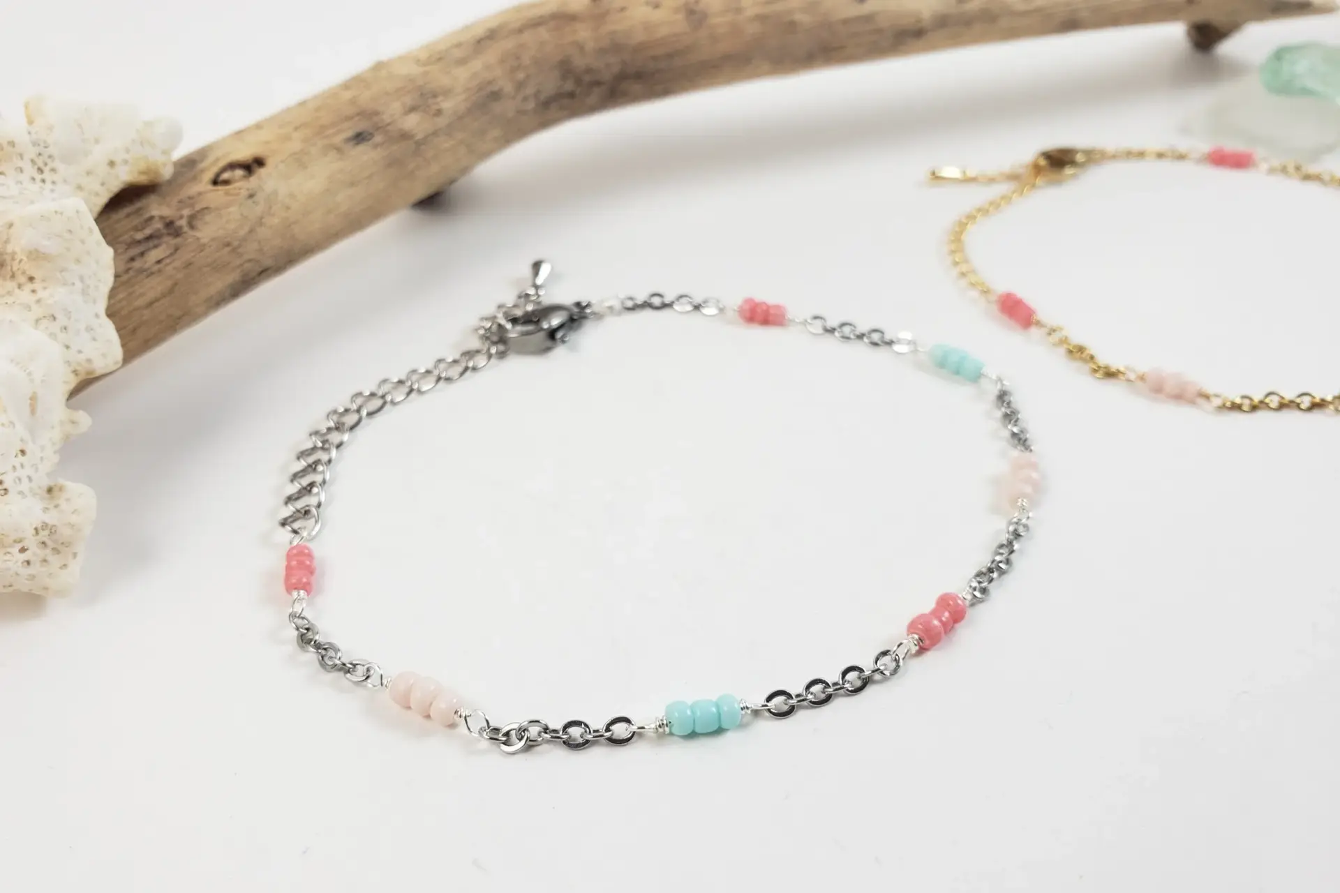 Blue, coral, and peach seed bead bracelet and anklet - Image 4