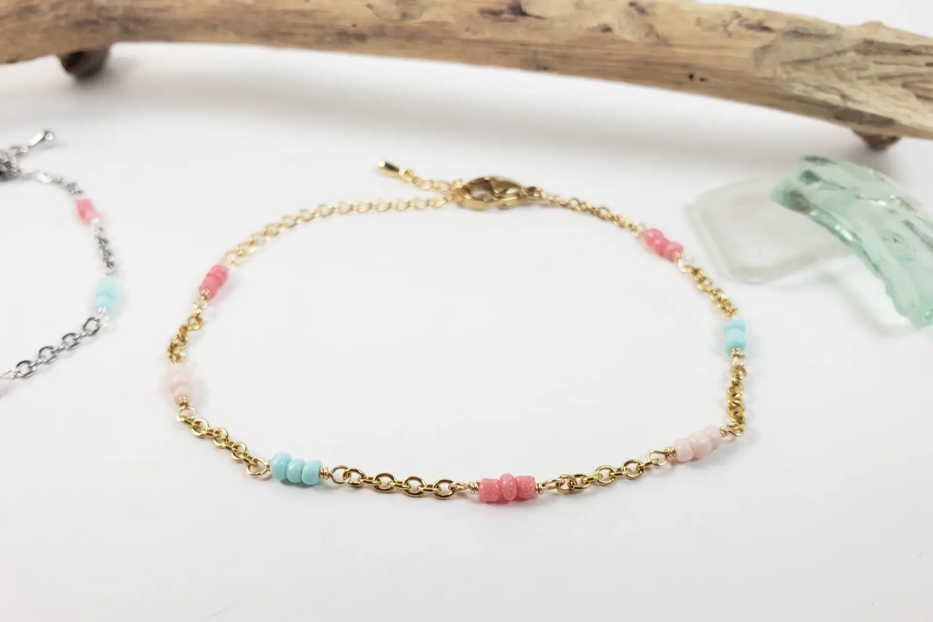 Blue, coral, and peach seed bead bracelet and anklet - Image 3