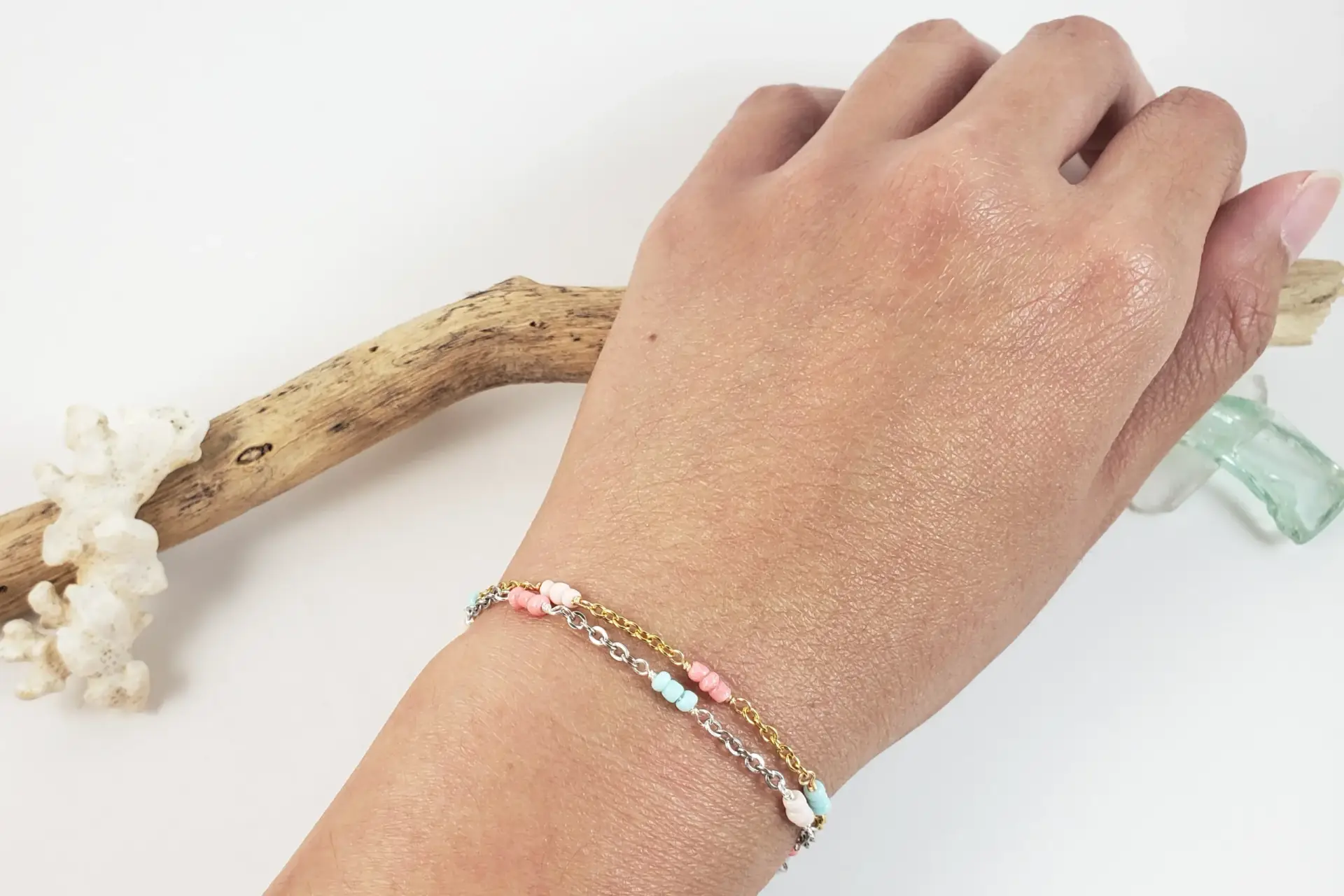 Blue, coral, and peach seed bead bracelet and anklet - Image 2
