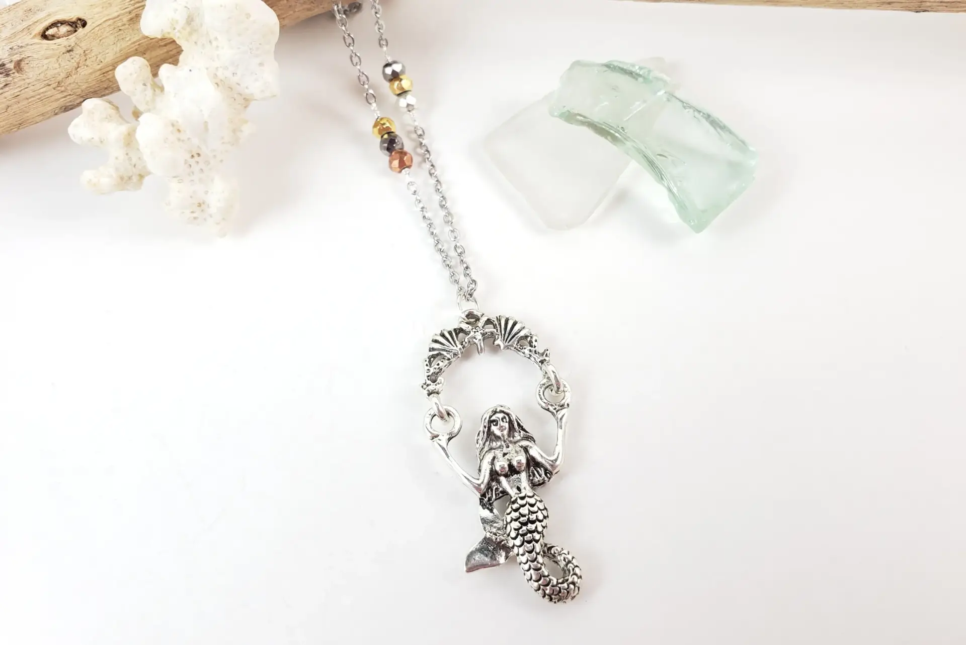 Swinging mermaid pyrite necklace