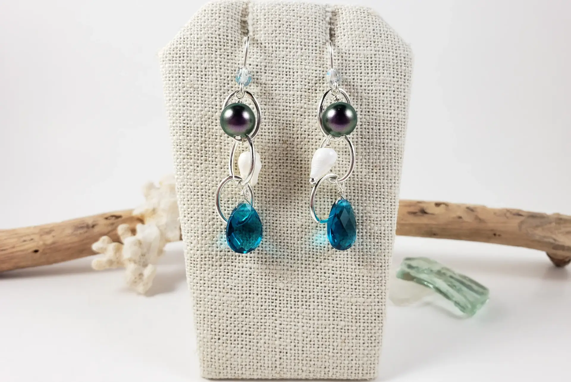 Teal crystal white shell iridescent pearl oval chain earrings - Image 3