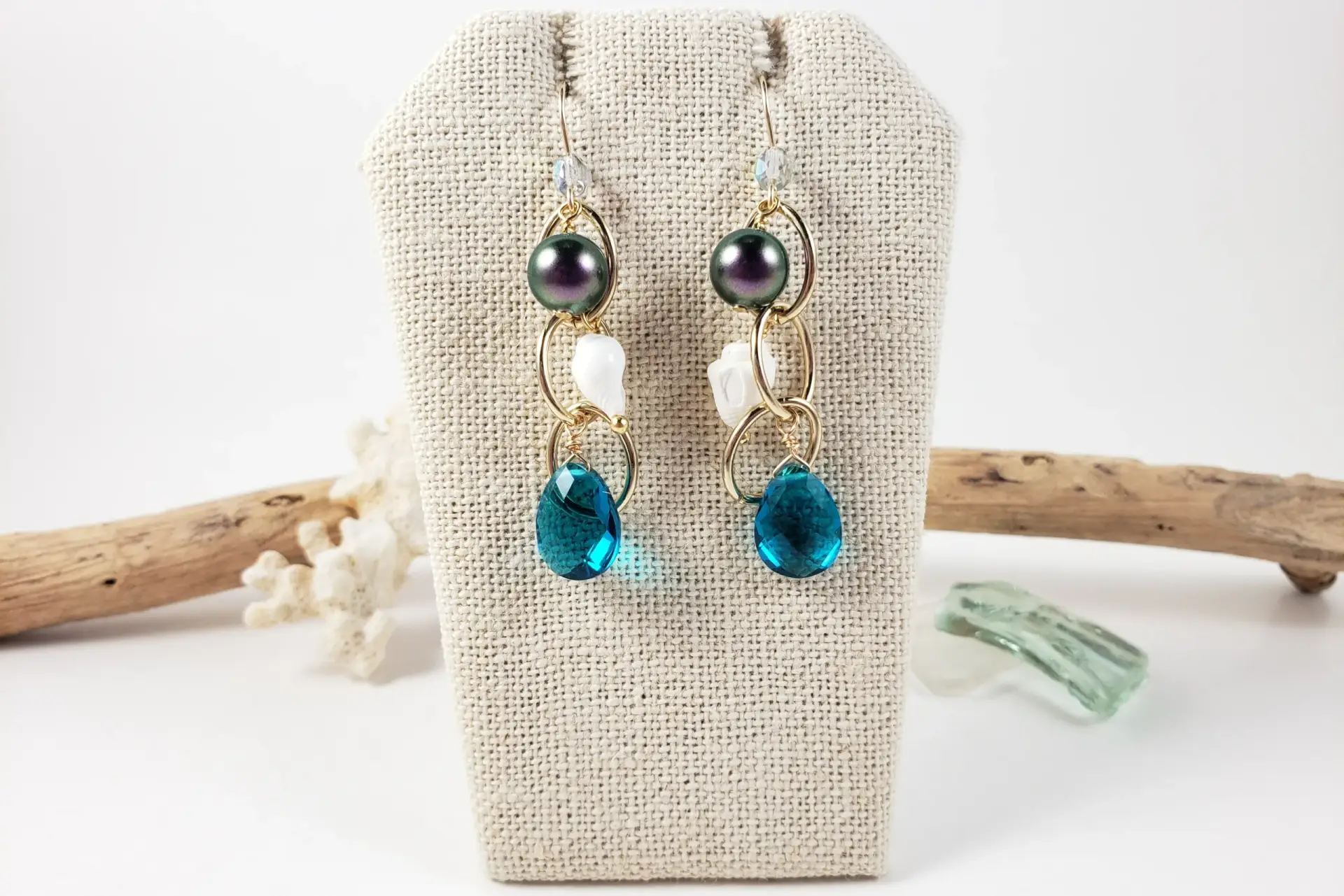 Teal crystal white shell iridescent pearl oval chain earrings - Image 6