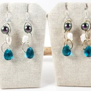 Teal crystal white shell iridescent pearl oval chain earrings